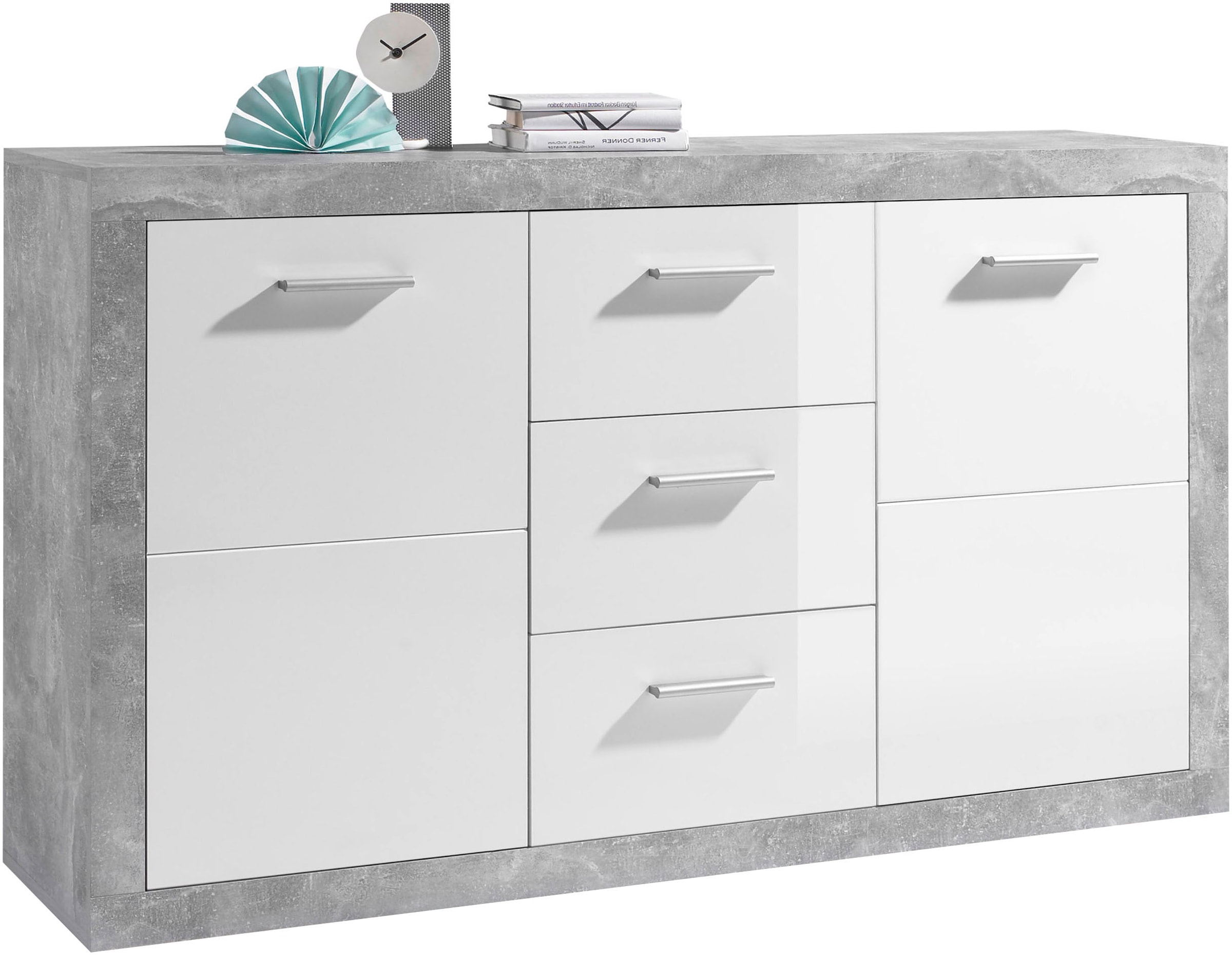 Image of HBZ Sideboard "Stone weiss Hochglanz, Wohnzimmerschrank BxHxT 147x89x37 cm" 1 Stk. tlg. Mit 2 Türen, 3 geräumigen Schubkästen, 2 Einlegeböden verstellbar