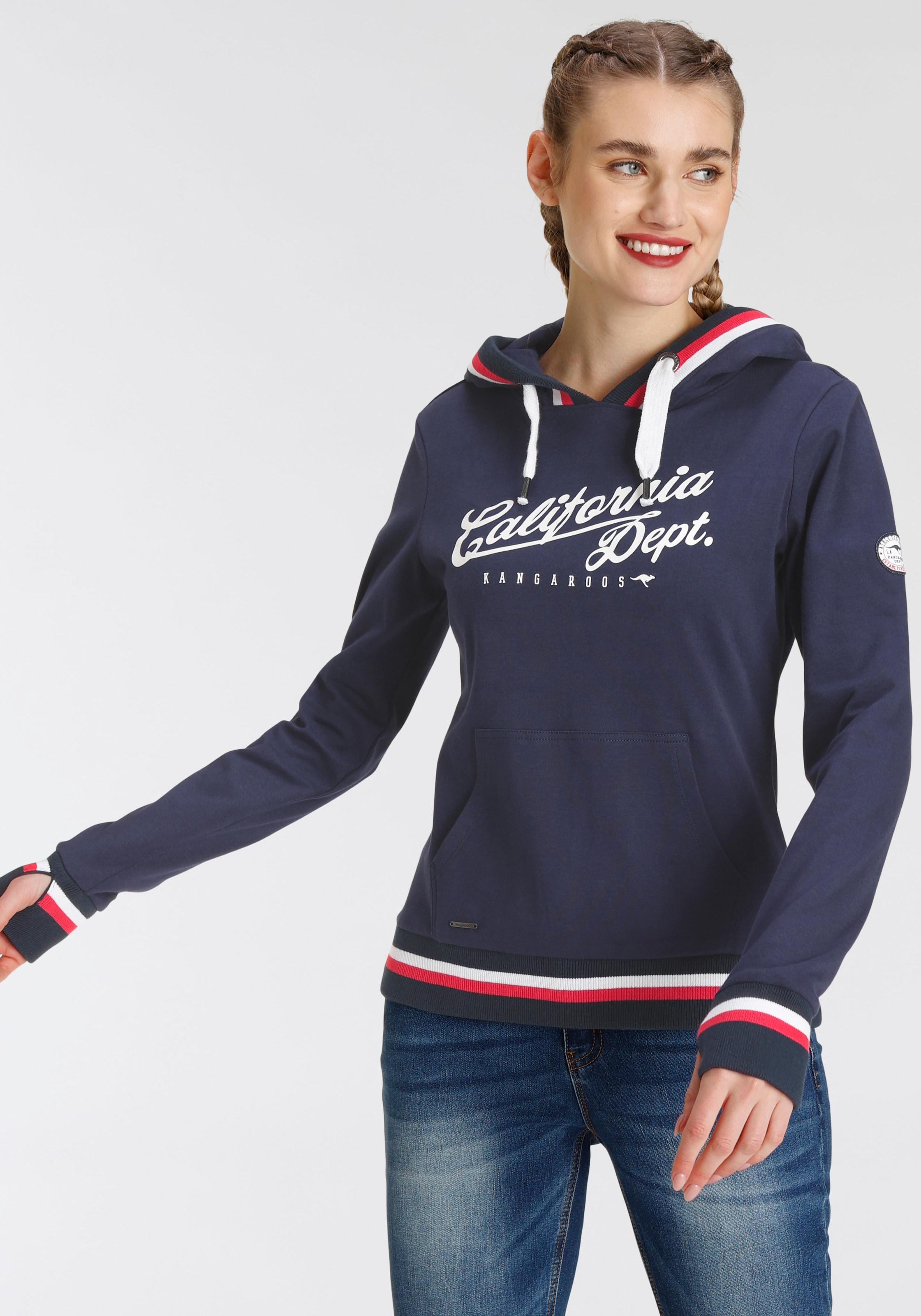 auf - KangaROOS mit NEUE Kapuzensweatshirt, versandkostenfrei Logoschriftzug & grossen KOLLEKTION Kontraststreifen