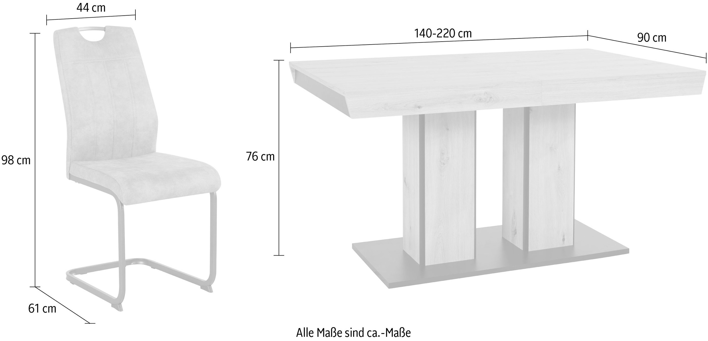 HELA Ensemble de salle à manger »Tisch ausziehbar 140 -220 cm,« Set, 5 cuis tlg. Belastbarkeit 140 KG, bequem gepolstert mit Griff
