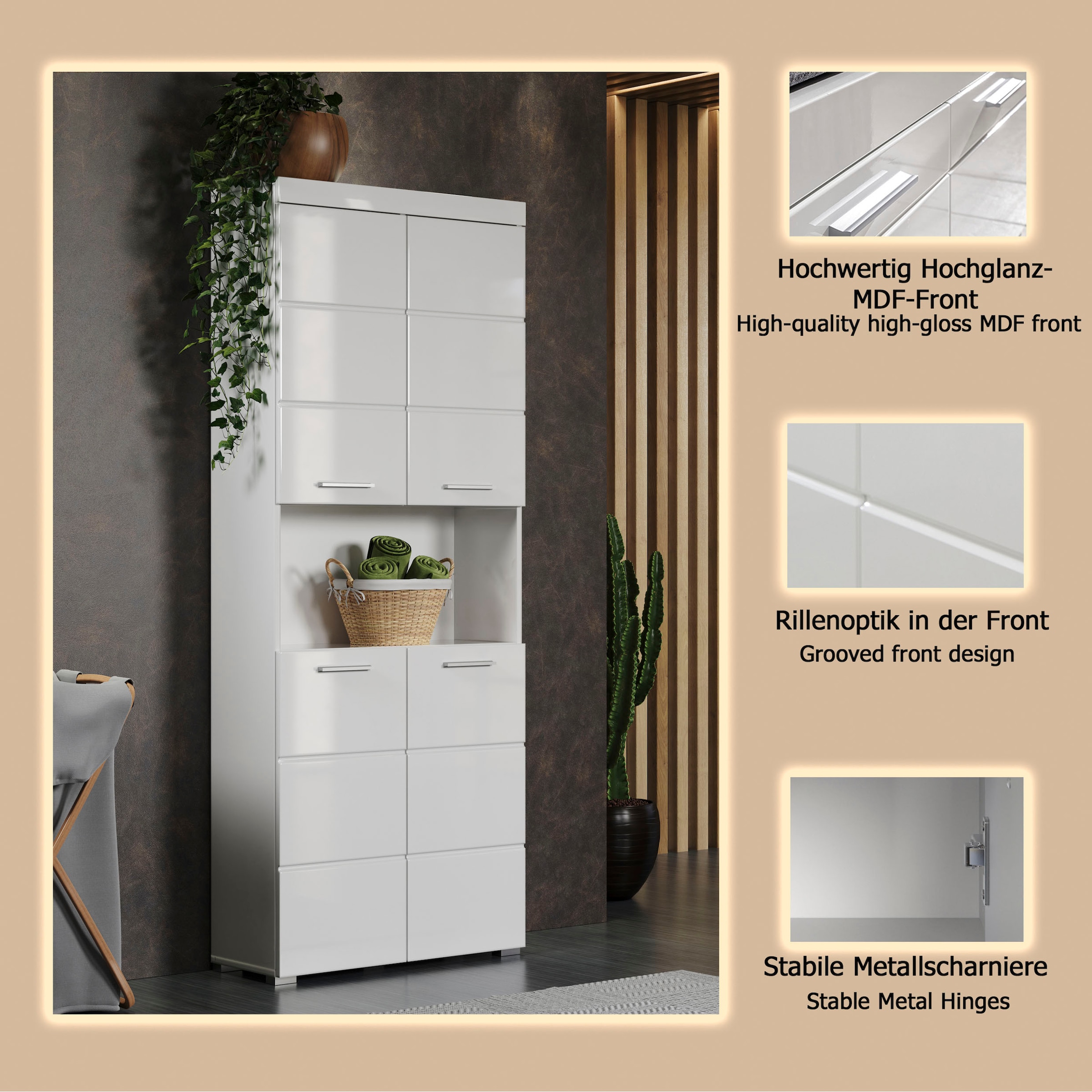 welltime Armoire haute »Avena« Badschrank 4-türig mit o. Fach und 4 Einlegeböden - B/T/H 73/31/190 cm