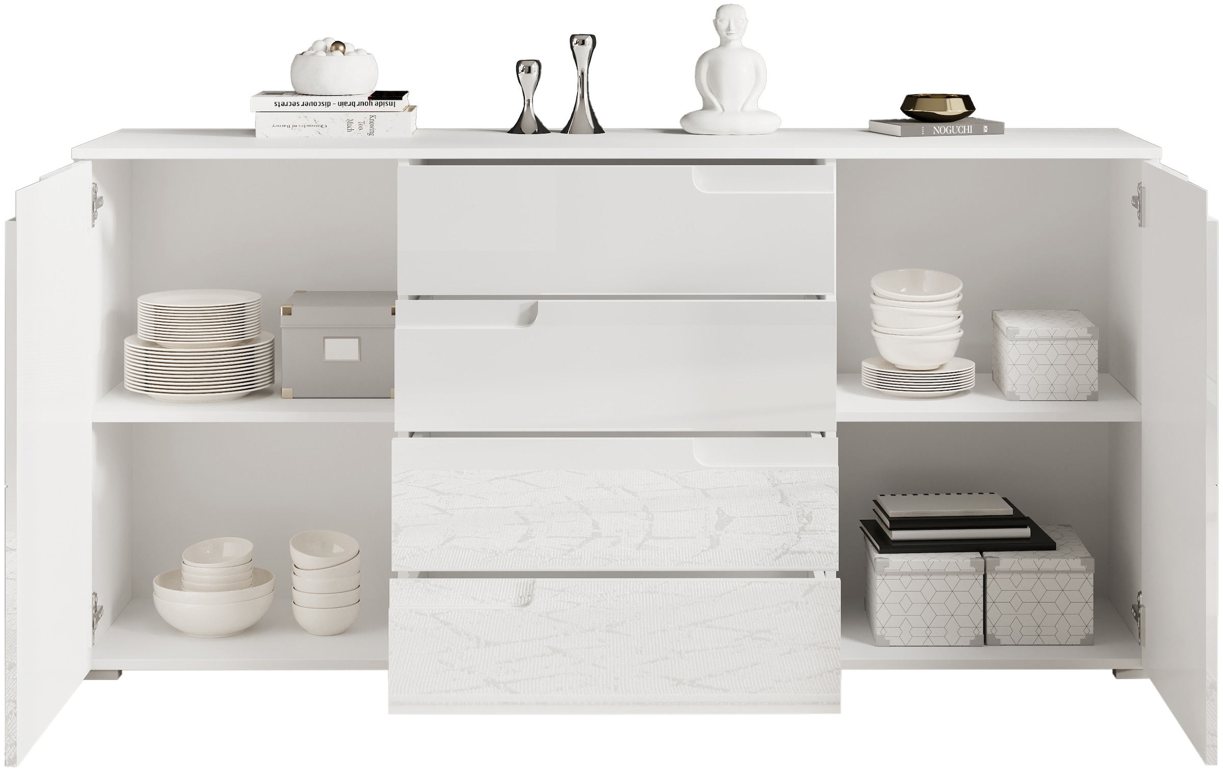 HBZ Sideboard »Spice weiss Hochglanz, Wohnzimmerschrank BxHxT 165x80x40 cm«, (1 St.), Mit 2 Türen, 4 Schubkästen, 2 Einlegeböden verstellbar