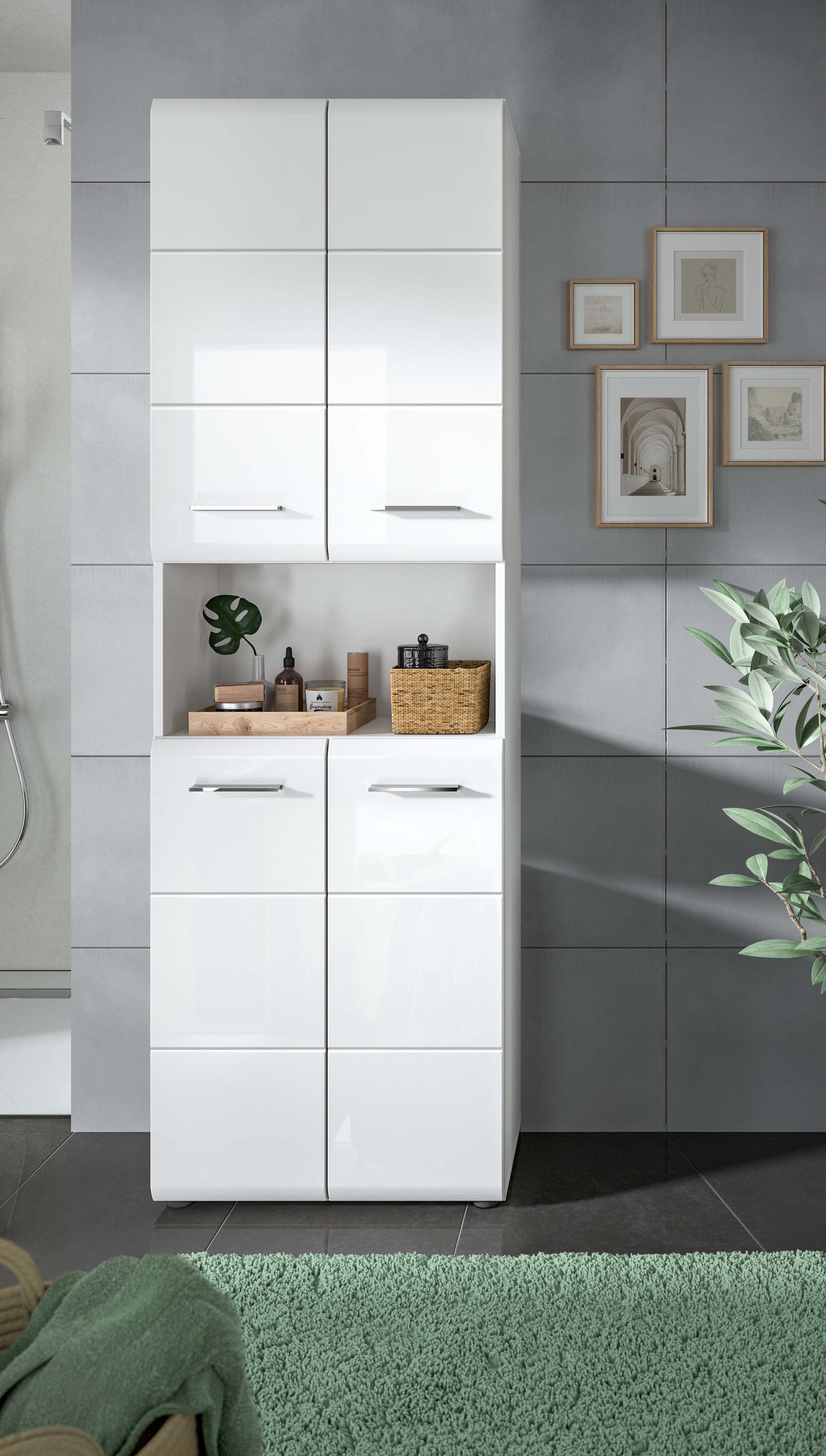 INOSIGN Stauraumschrank »FLORENZ, TOPSELLER!, Höhe 185 cm, 4 Türen, 4 Fachböden, 1 offenes Fach«, (1 St.), hochwertige MDF Front, Griff chromglänzend, Badschrank, Bad