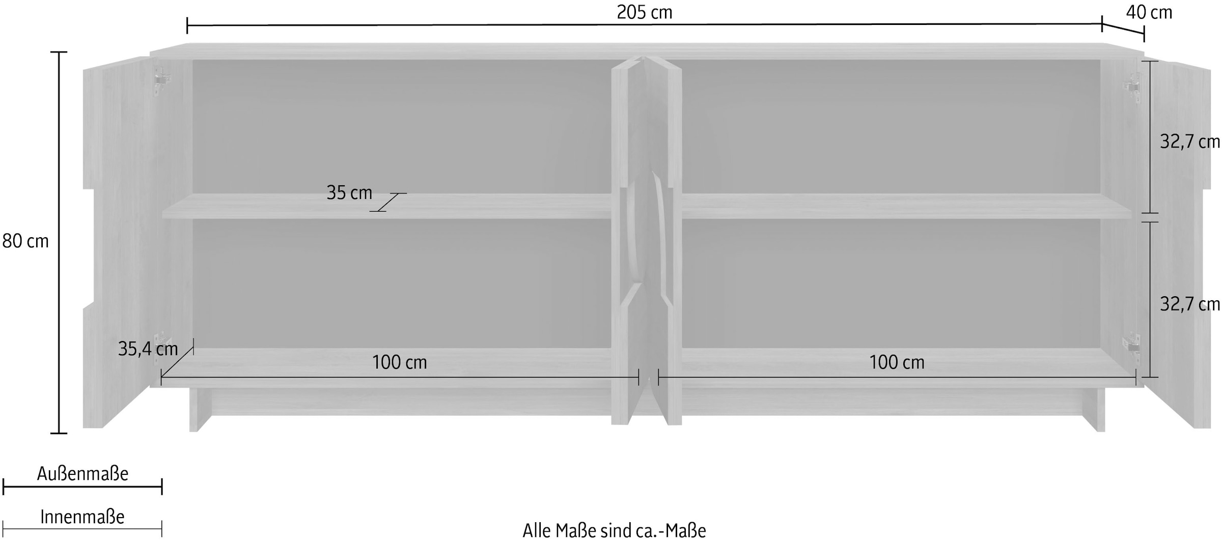 Home affaire Buffet »Zen, 205 cm breit, 4 Türen, Anrichte, Kommode, Stauraumschrank« ouverture par pression, façades 3D, structure bois Mercure, beaucoup de rangement,