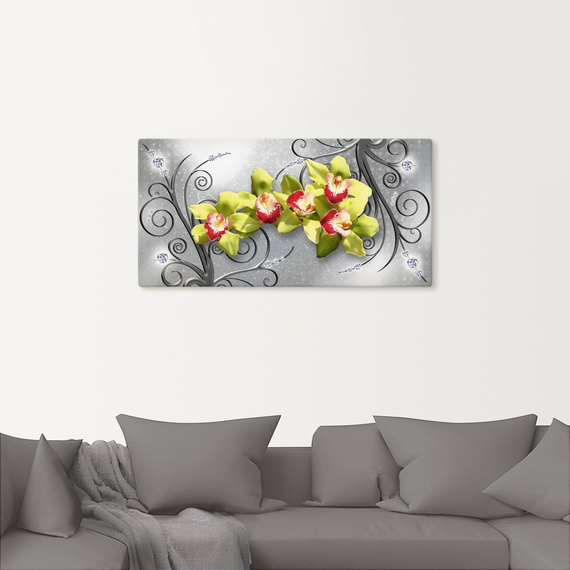 Artland Wandbild »Grüne Orchideen auf Ornamenten«, Blumenbilder, (1 St.), als Alubild, Outdoorbild, Leinwandbild, Poster, Wandaufkleber