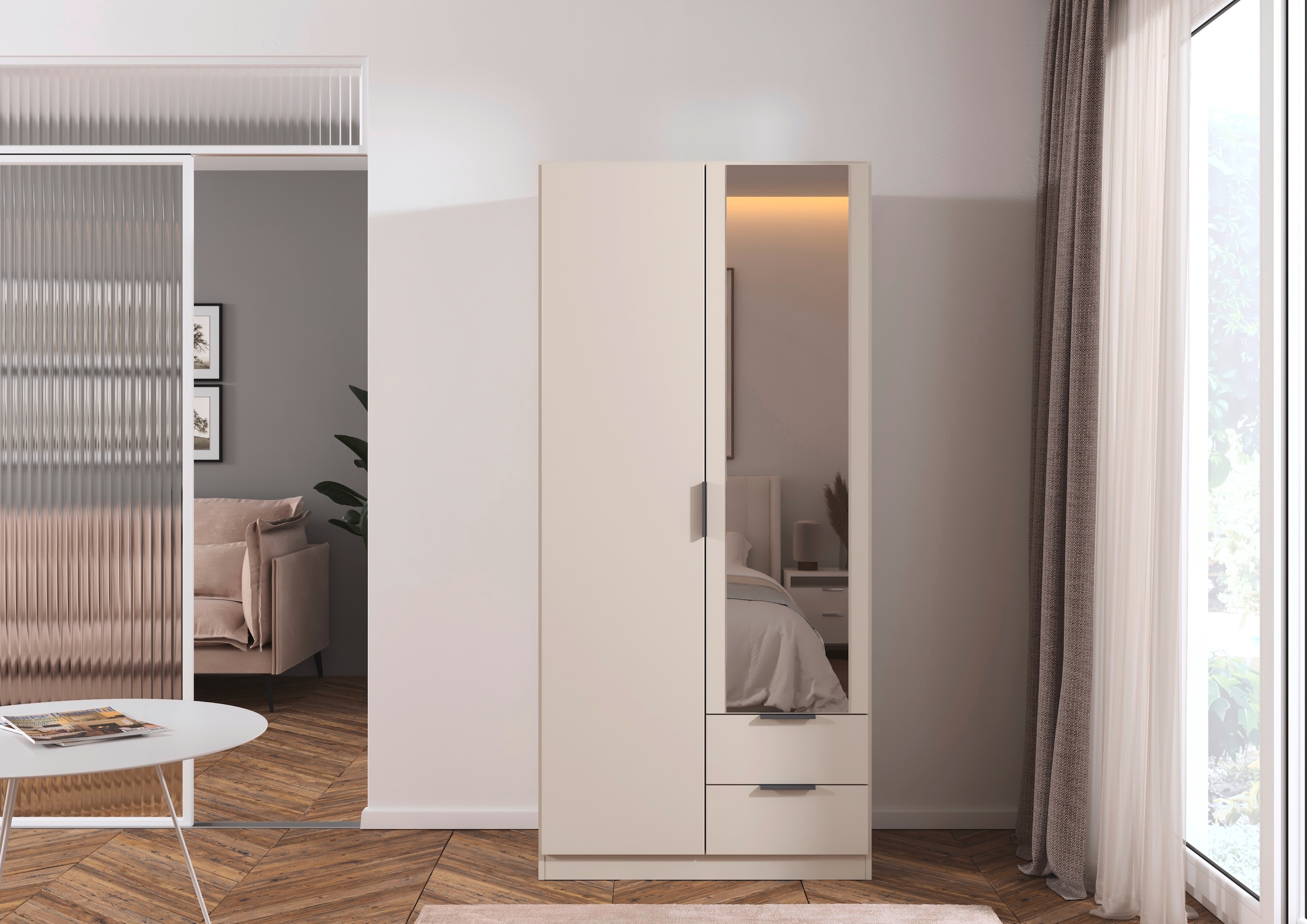 rauch Kleiderschrank »Drehtürenschrank Schrank Garderobe Ankleide Schlafzimmer LAGOA« 3 verschiedene Ausstattungen BASIC/CLASSIC/PREMIUM (inkl. SOFT-CLOSE),  geräumige Schubladen, 3 Breiten, optional mit Aufsatz MADE IN GERMANY