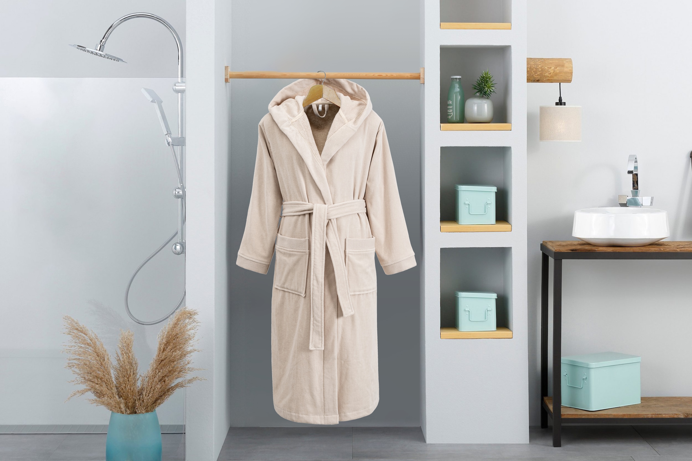 GOODproduct Peignoir de bain unisexe »Fenya, 330 g/m², Premium, Hotelbademantel, Morgenmantel,  Sauna & Spa« 1 cuis Reissverschlusstaschen, weich mit GRATIS-Zugabe: 1x Duschtuch 70x140 cm