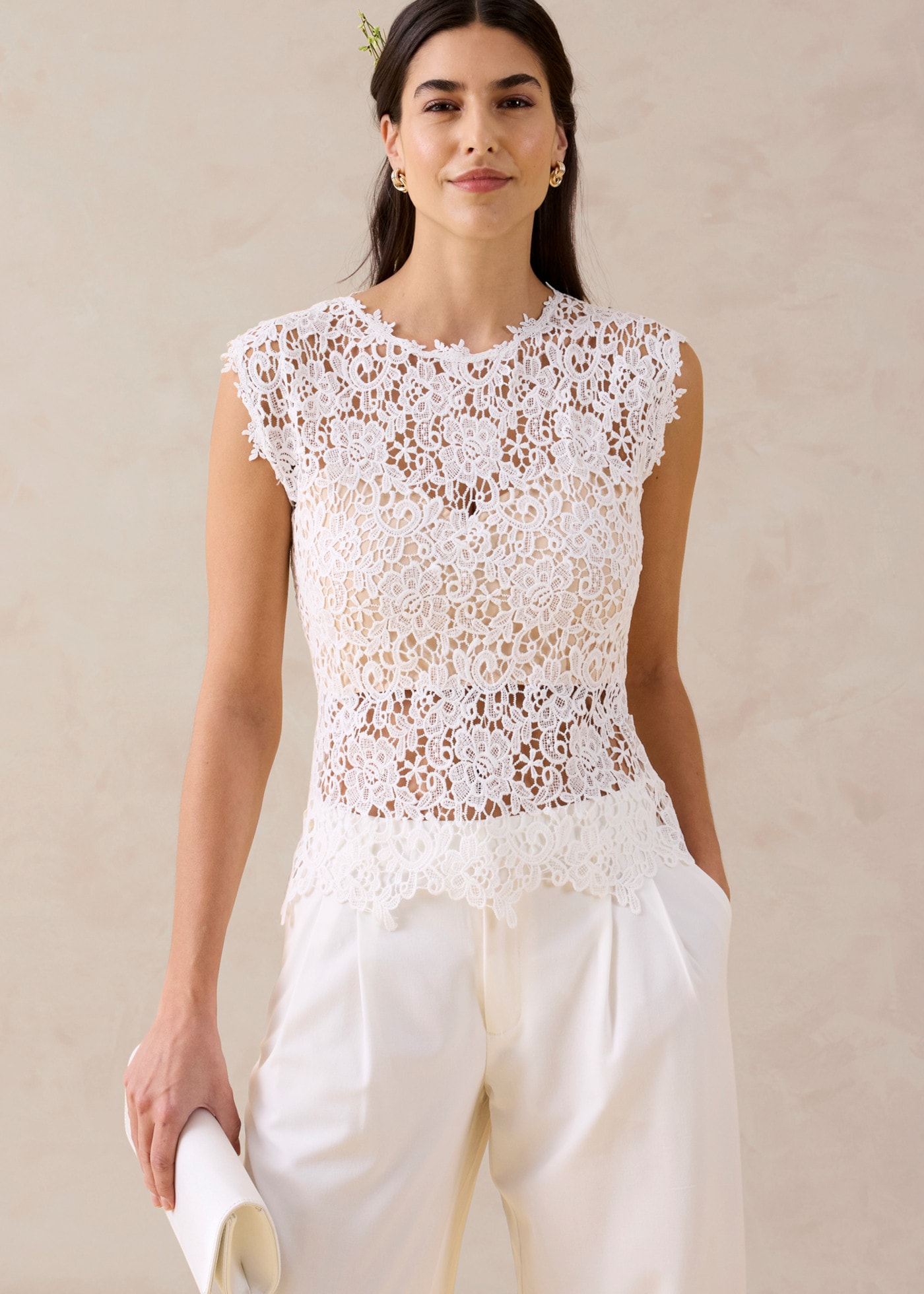 Image of bonprix Shirttop Slim Fit Passform, mit Spitzenbesatz mit Blumenmuster, aus Polyester