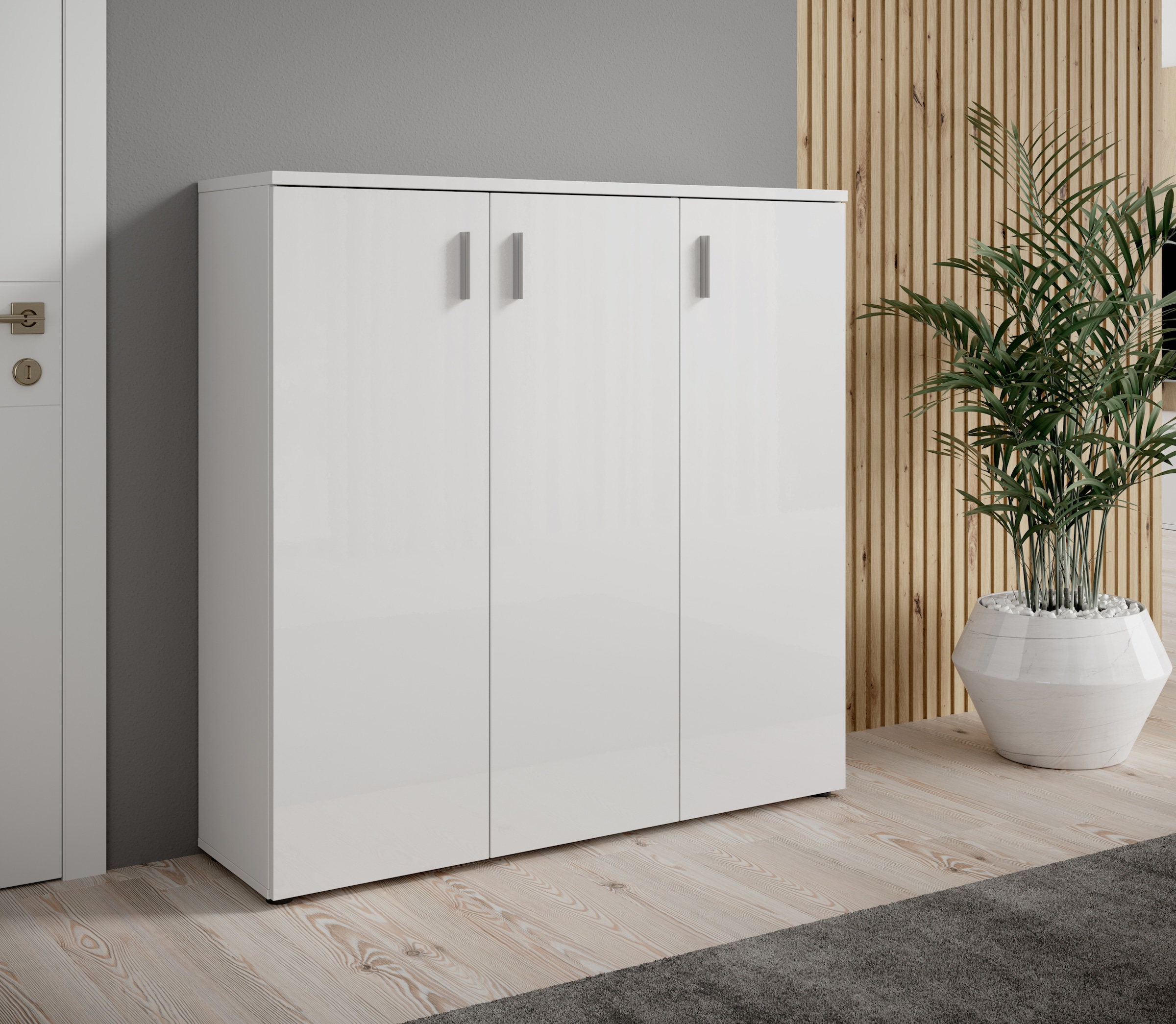 Image of HBZ Schuhschrank "Lincoln weiss Glanz, BxHxT 120x120x35 cm" 1 Stk. tlg. Schuhschrank mit 3 Türen, 8 Einlegeböden verstellbar, 2 feste Böden