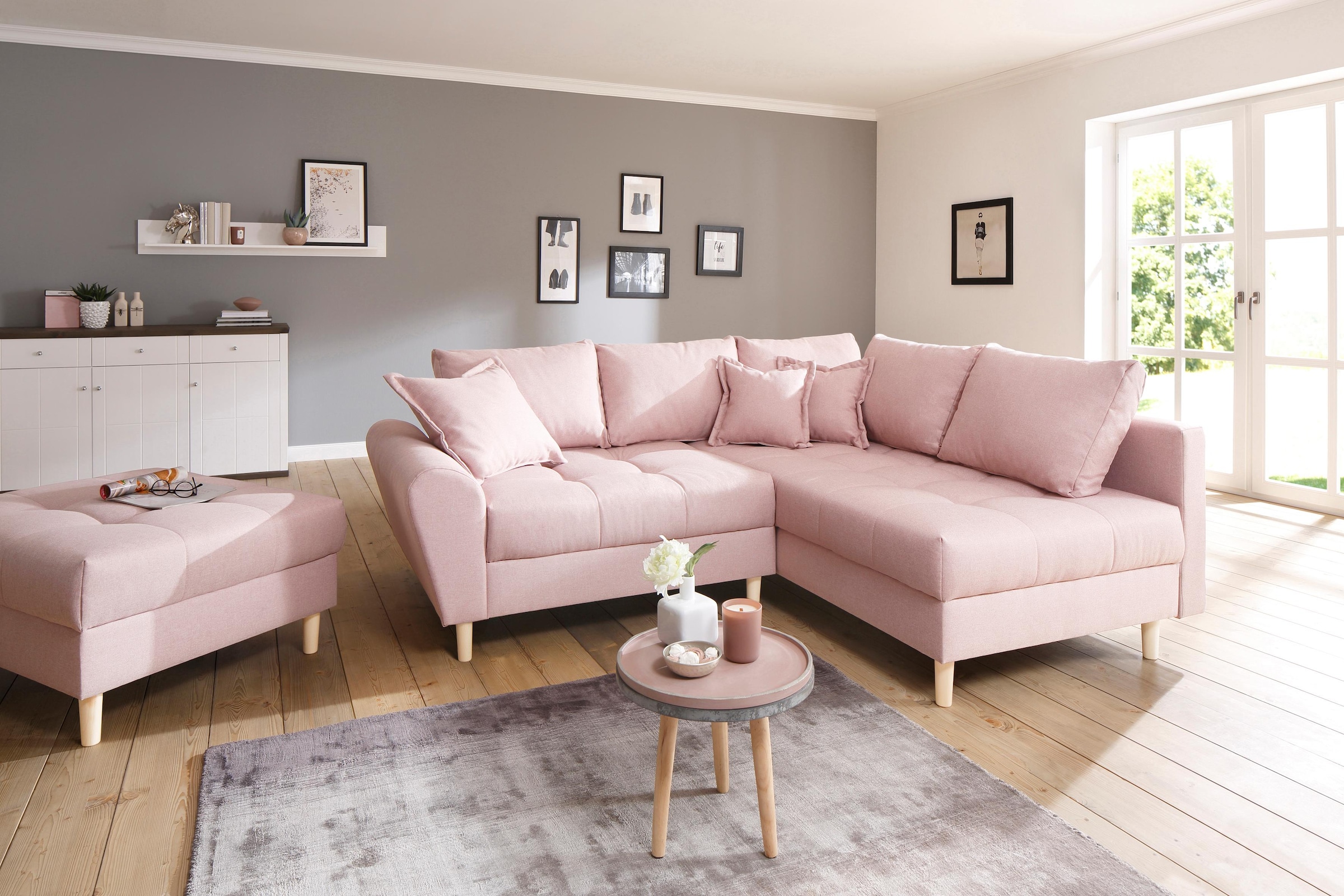 Ecksofa »Rice L-Form«, (Set, mit Hocker), mit Hocker, Massivholzfüsse und...