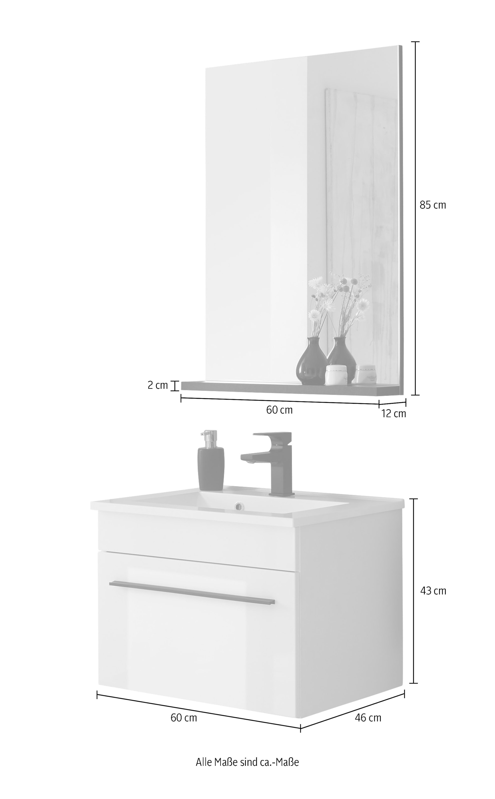 INOSIGN Badmöbel-Set »Cantara, Bad im modernen Design, 2-teiliges Badezimmer«, (Set, 2 St.), Waschtisch und Spiegel, in Weiss Hochglanz, viel Stauraum