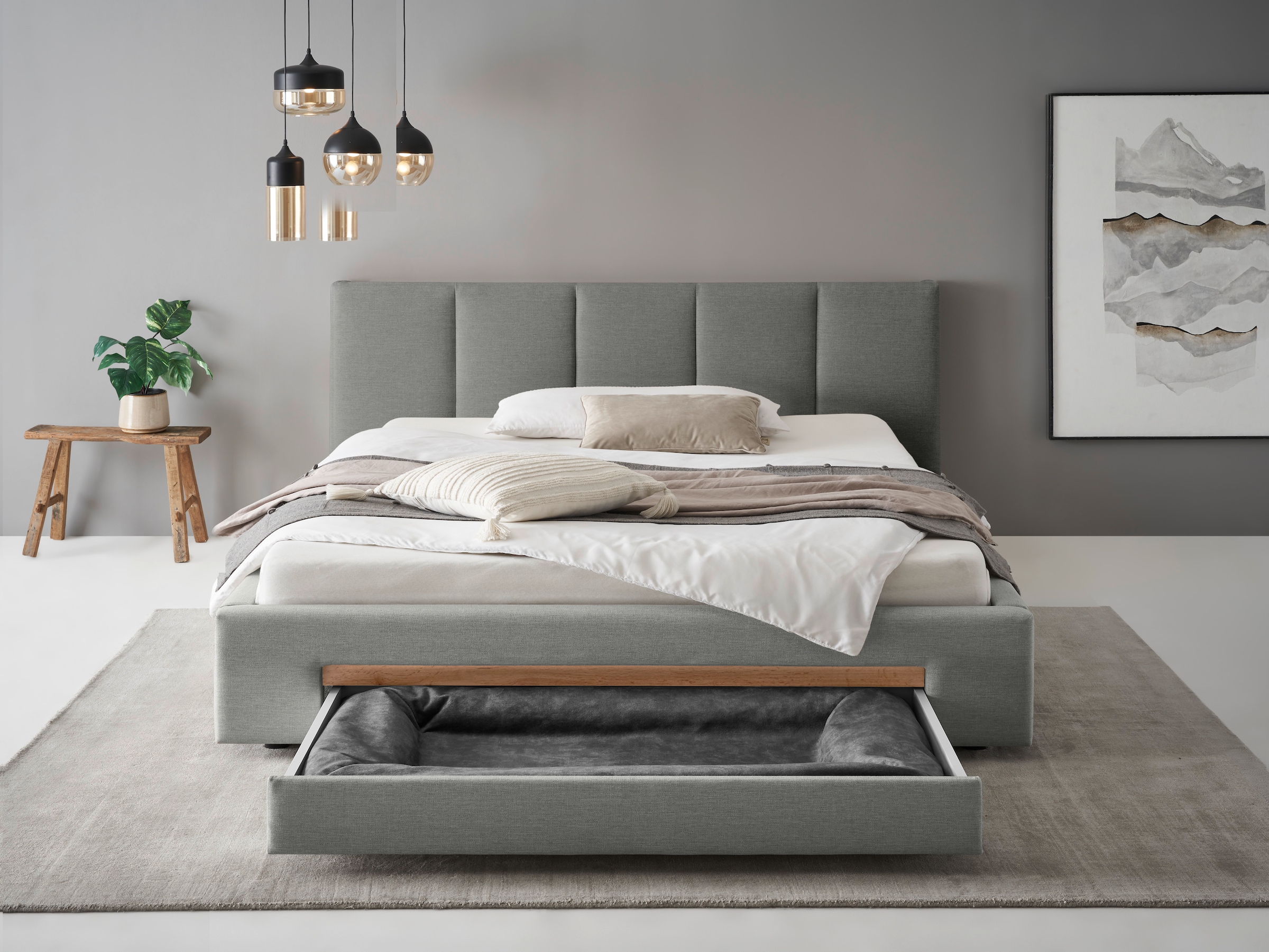 INOSIGN Polsterbett »CiTY/GiRON, Bettgestell mit Bettkasten, gepolstertes Stauraumbett«, mit Hundebett oder Stauraumschublade, Bezug Cord-oder Leinenoptik