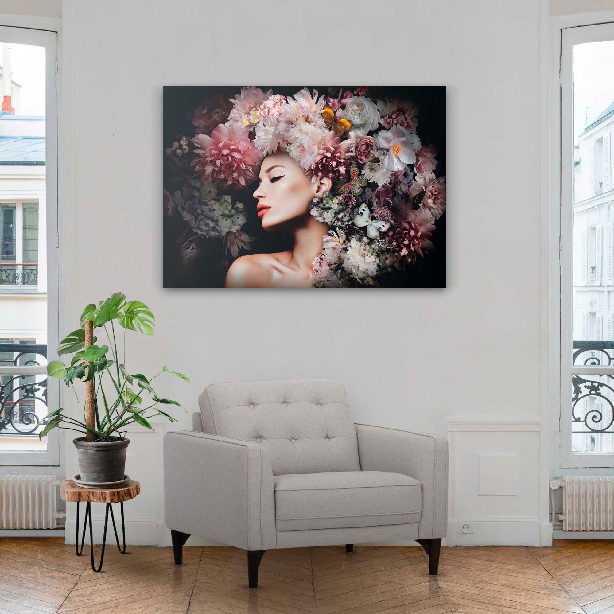 Platinum Acrylglasbild »Frau kaufen Blumenhut« mit