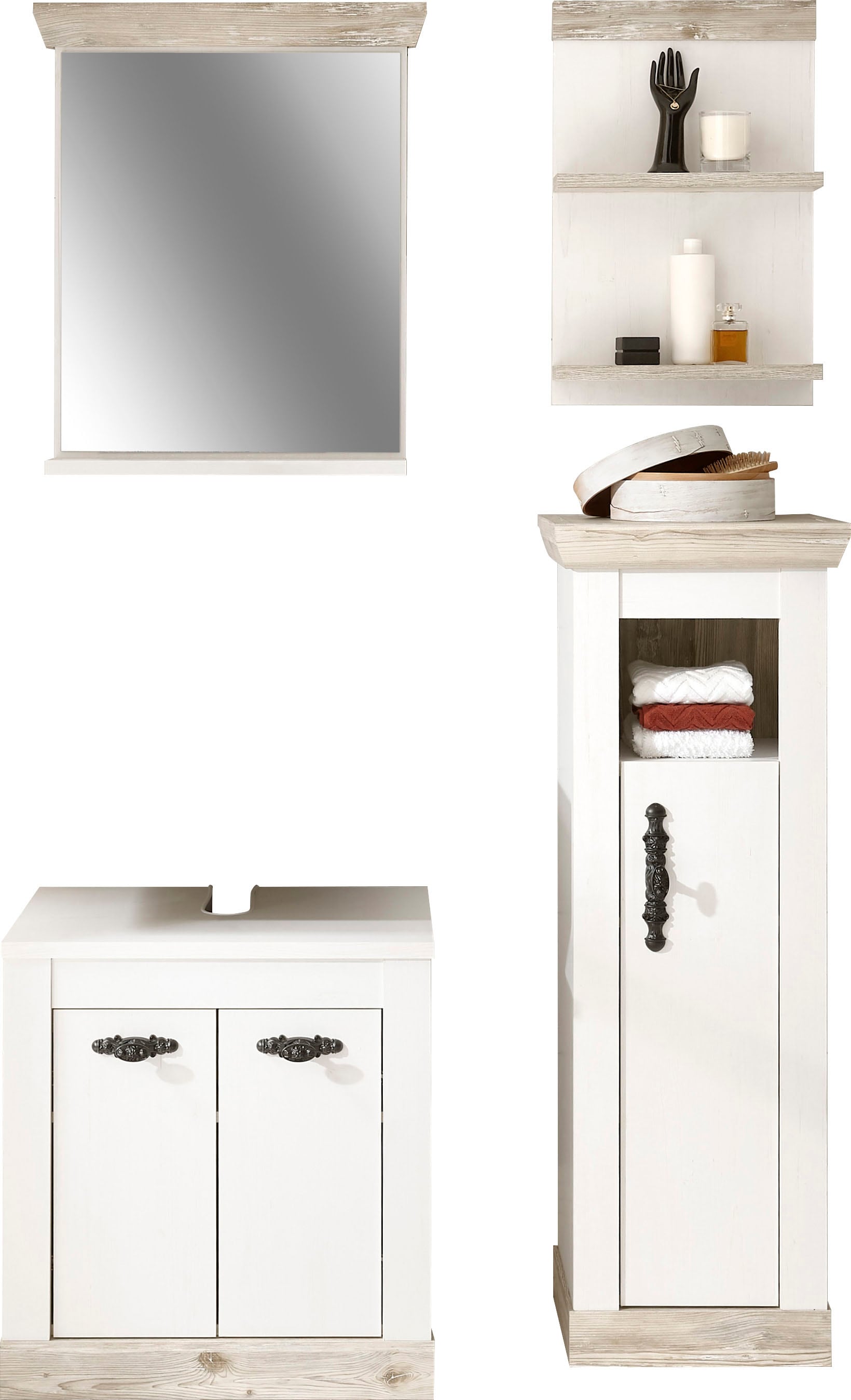 Home affaire Badmöbel-Set »Florenz, Bad im Landhausstil, 4-teiliges Badezimmer«, (4 St.), Unterschrank, Schrank, Wandregal und Spiegel, in Pinie Weiss, Stauraum