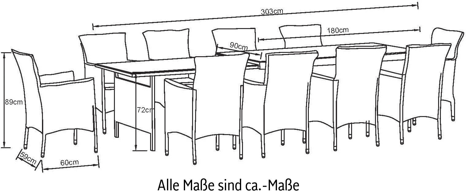 KONIFERA Garten-Essgruppe »Mailand«, (Set, 31 tlg., 10x Sessel, 1x AZ-Tisch 179-302 cm, inkl. Auflagen), Polyrattan, Stahl, Braun