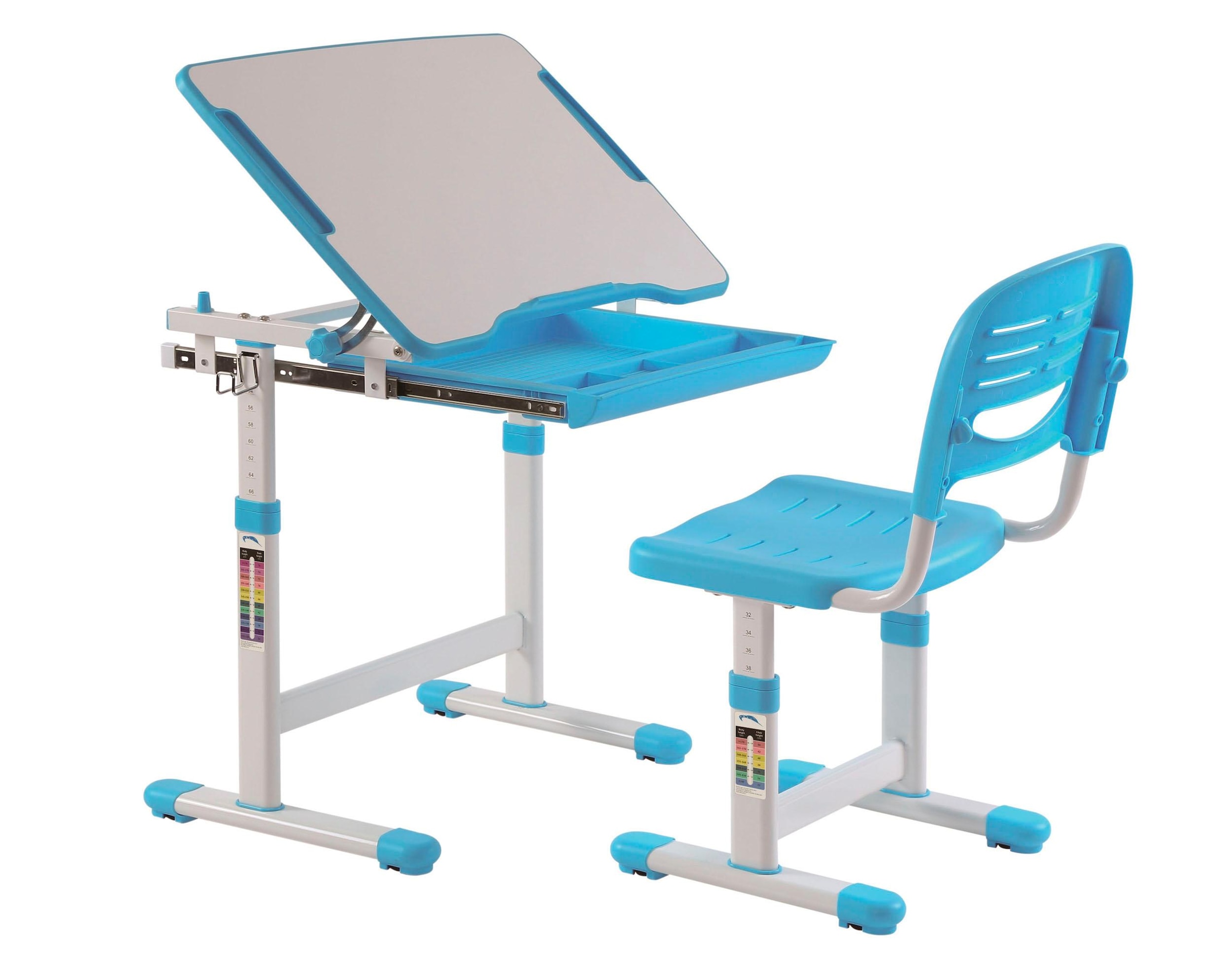 Vipack Kinderschreibtisch »Comfortline, mit Höhenverstellung inkl. Taschen- u. Becherhalter«, (Set, B/H/T ca. 70x54-76x47,4cm, verschiedene Farben, mit Griffelschublade), inkl. Stuhl und verstellbarer Schreibplatte, praktische Funktionen