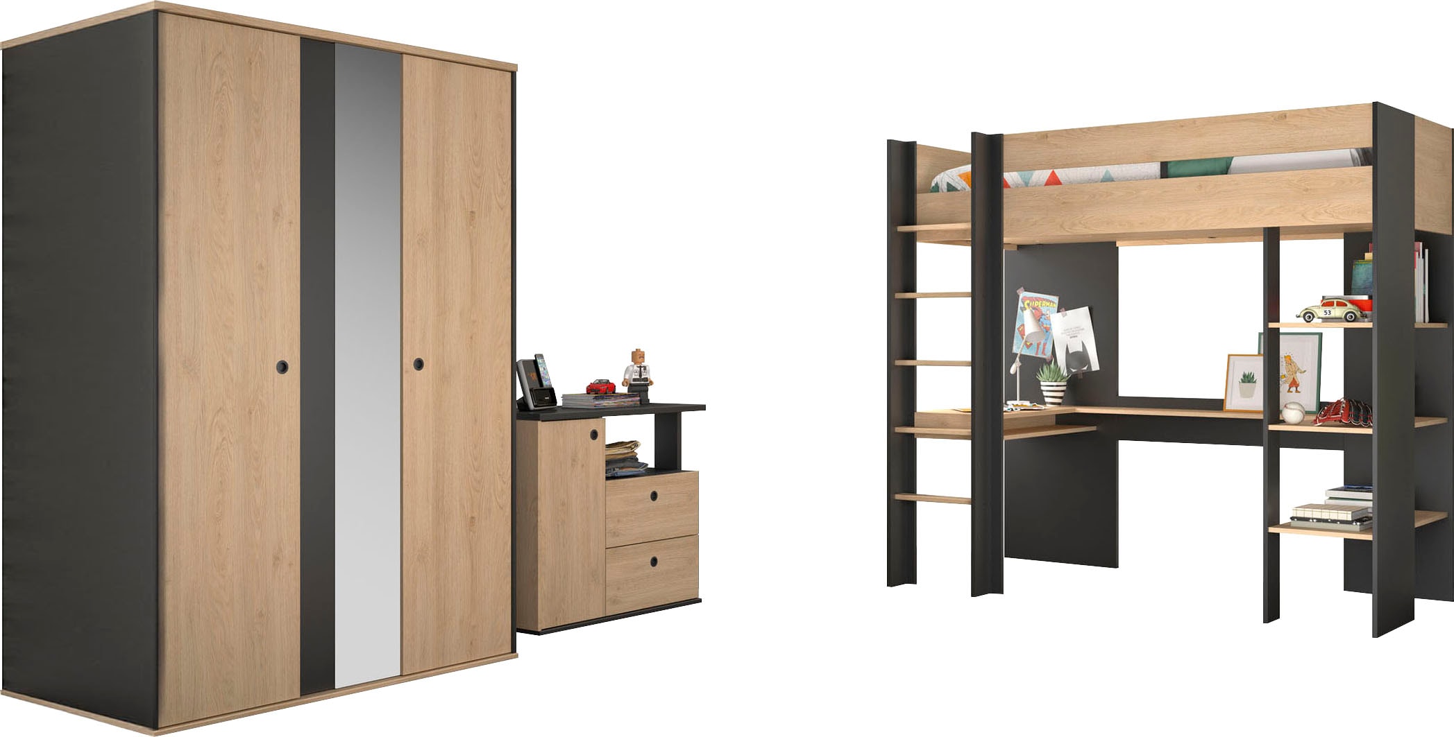 Gami Jugendzimmer-Set »Duplex«, (3 tlg., Kleiderschrank, Kommode, Hochbett)