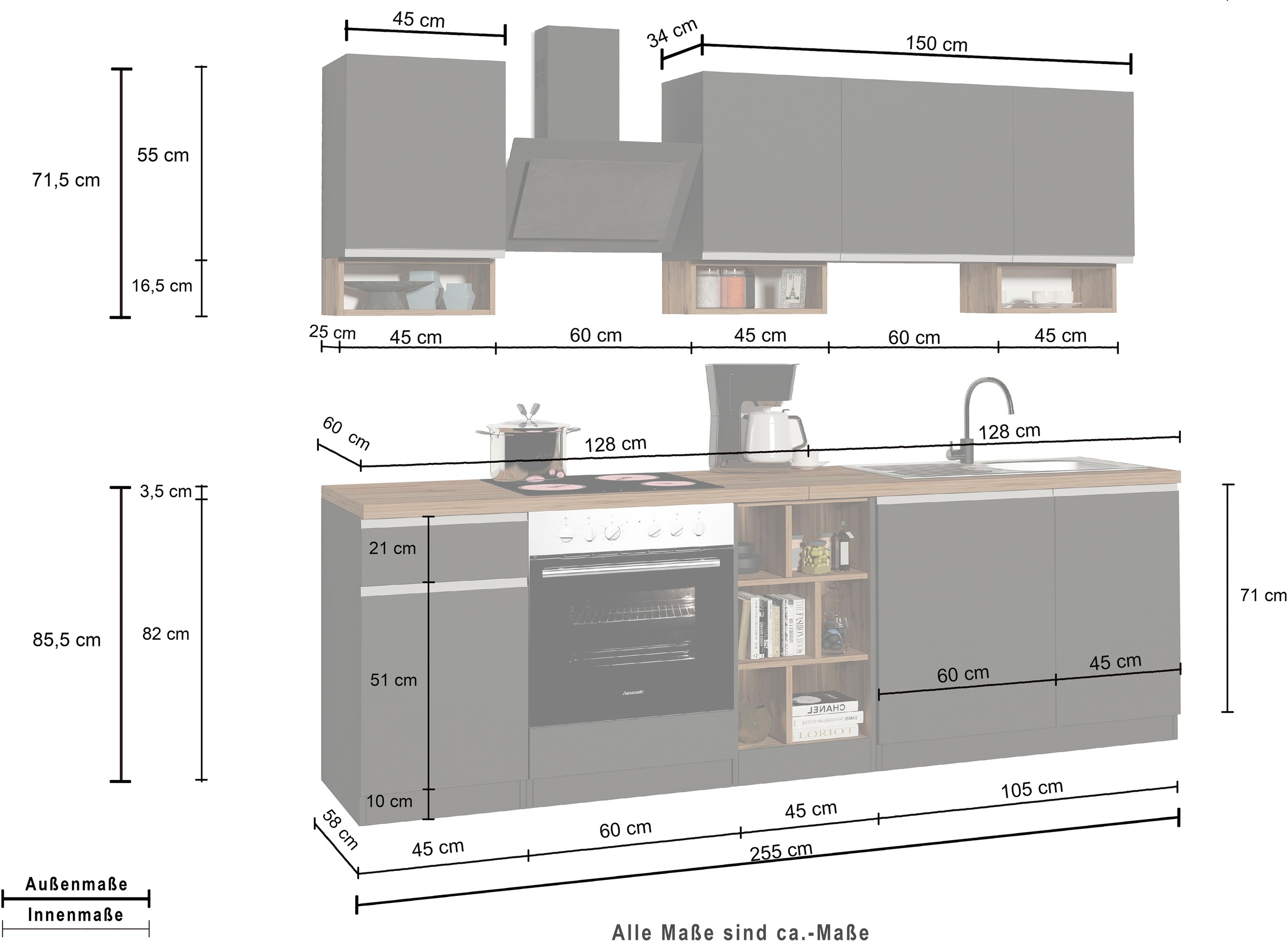KOCHSTATION Kitchenette »KS-Sole« Breite 256 cm, mit Regalen und Fächern, ohne E-Geräte
