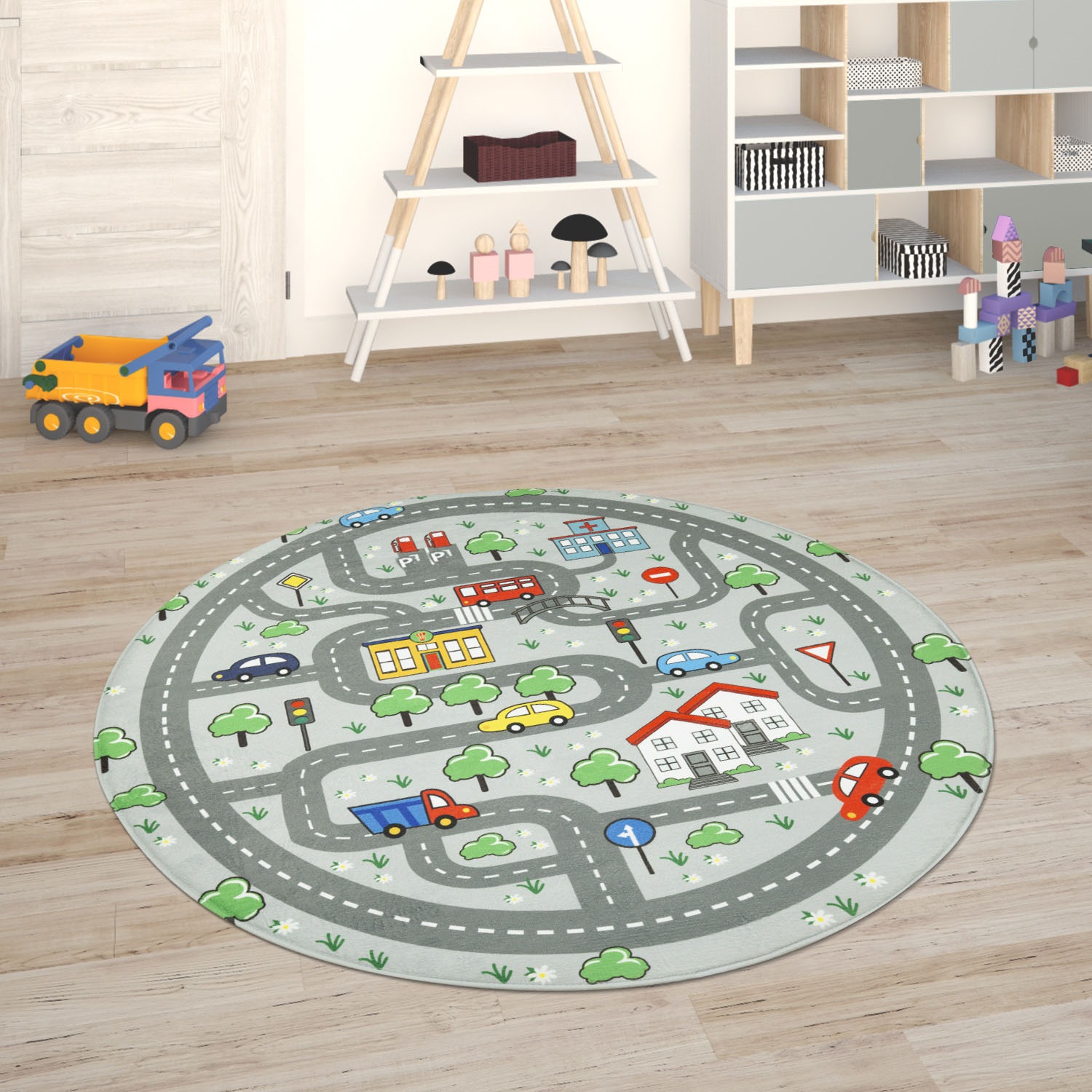 Image of Paco Home Kinderteppich "Chicos 559" rund 2 mm Höhe Flachgewebe, Strassen-Spiel-Teppich, Kinderzimmer