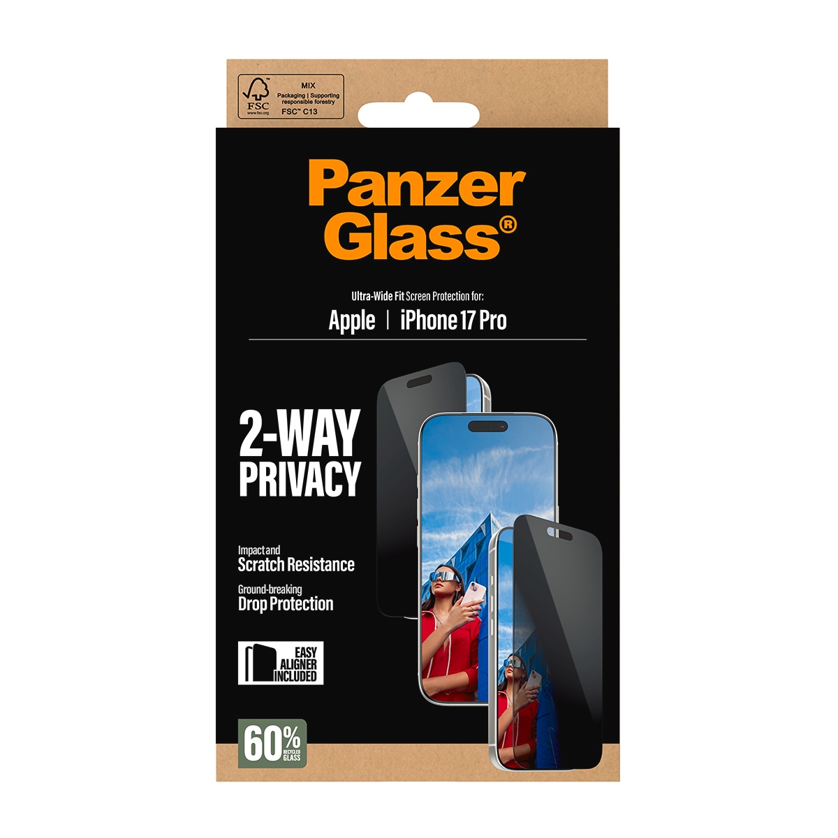 CARE by PanzerGlass Verre de protection d'écran »2-Way Privacy Ultra-Wide Fit Screen Protector« für Apple iPhone 17 Pro Displayschutzfolie, Schutzfolie, Bildschirmschutz, kratz- & stossfest