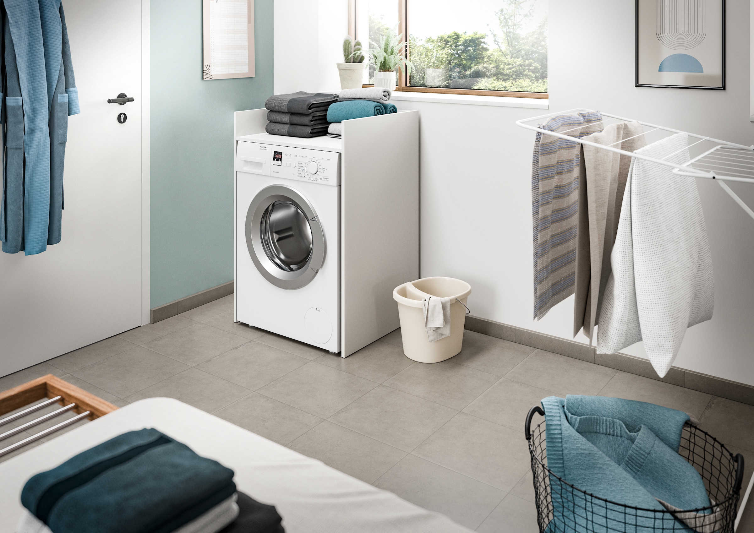 welltime Armoire pour machine à laver »FALAS,  Breite 66 cm, mit grosser Ablagefläche« disponible en différentes couleurs, pour machine à laver et sèche-linge, 1 cuis tlg. Armoire haute, armoire modulable, armoire pour machine à laver