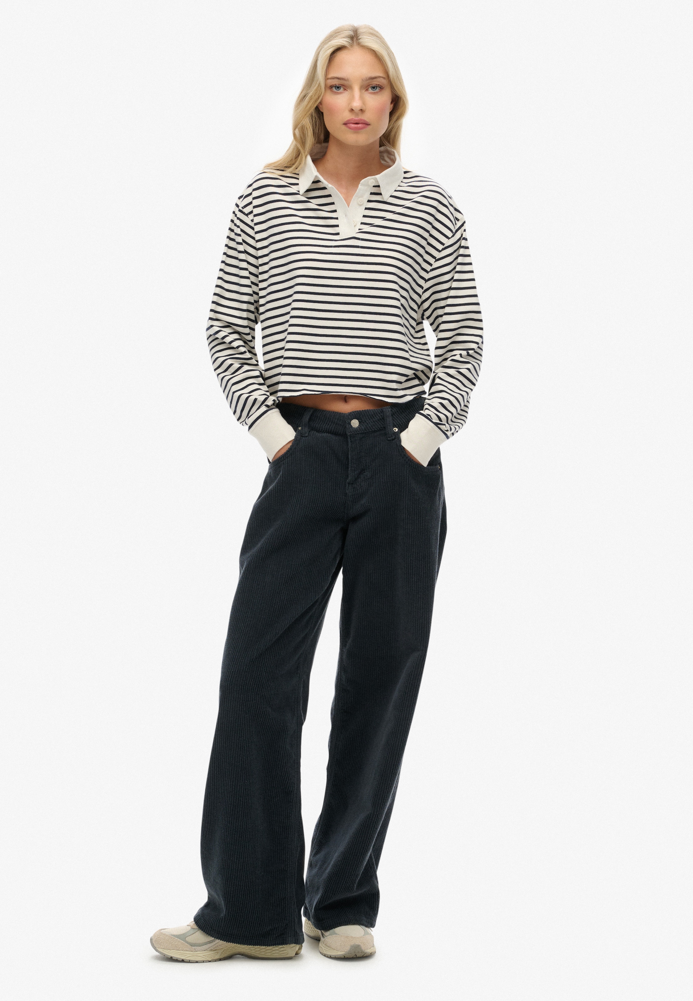Superdry Langarm-Poloshirt »ATH ESS CROPPED STRIPE RUGBY« Packung, 2 aus Baumwolle und Single Jersey, Oversize-Passform, mit Polokragen