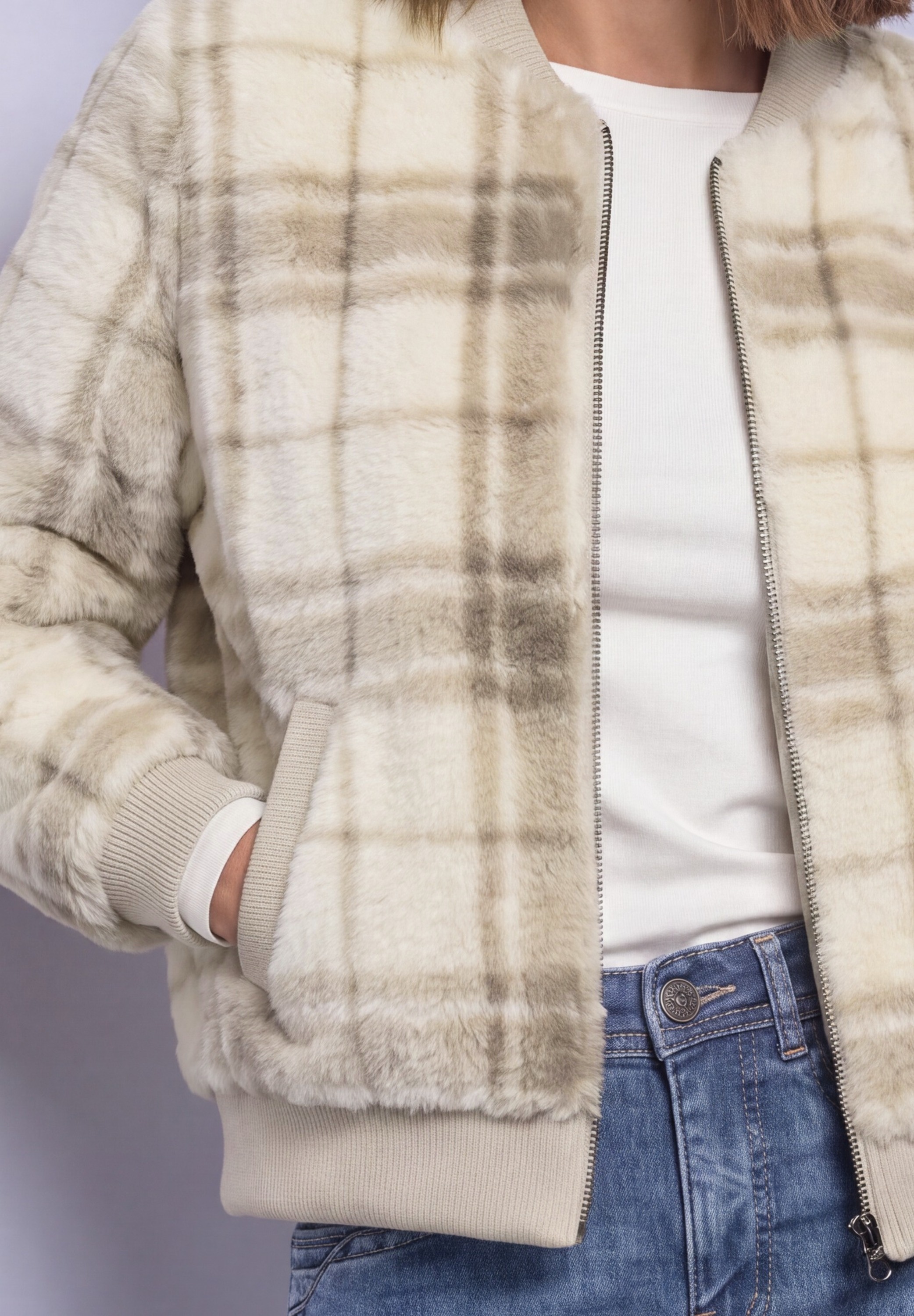STREET ONE Blouson sans capuche blouson en fausse fourrure avec détails en tricot et impression
