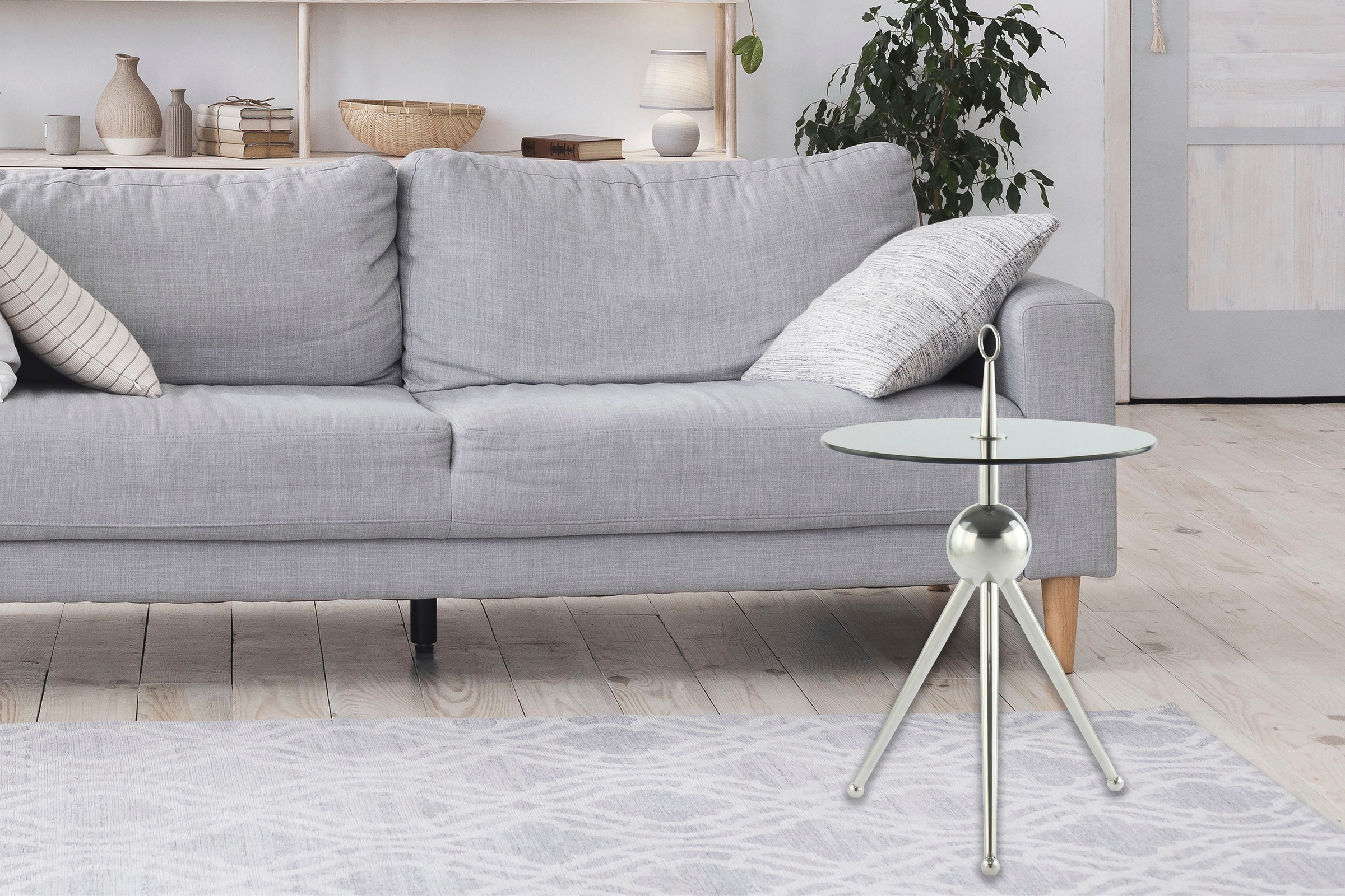 Kayoom Beistelltisch »Ontario 325, Runde  Glasplatte aus Sicherheitsglas, 100% Edelstahl« 1 Stk. tlg. Minimalistisch, Gestell in Tripod-Design, mit Tragering