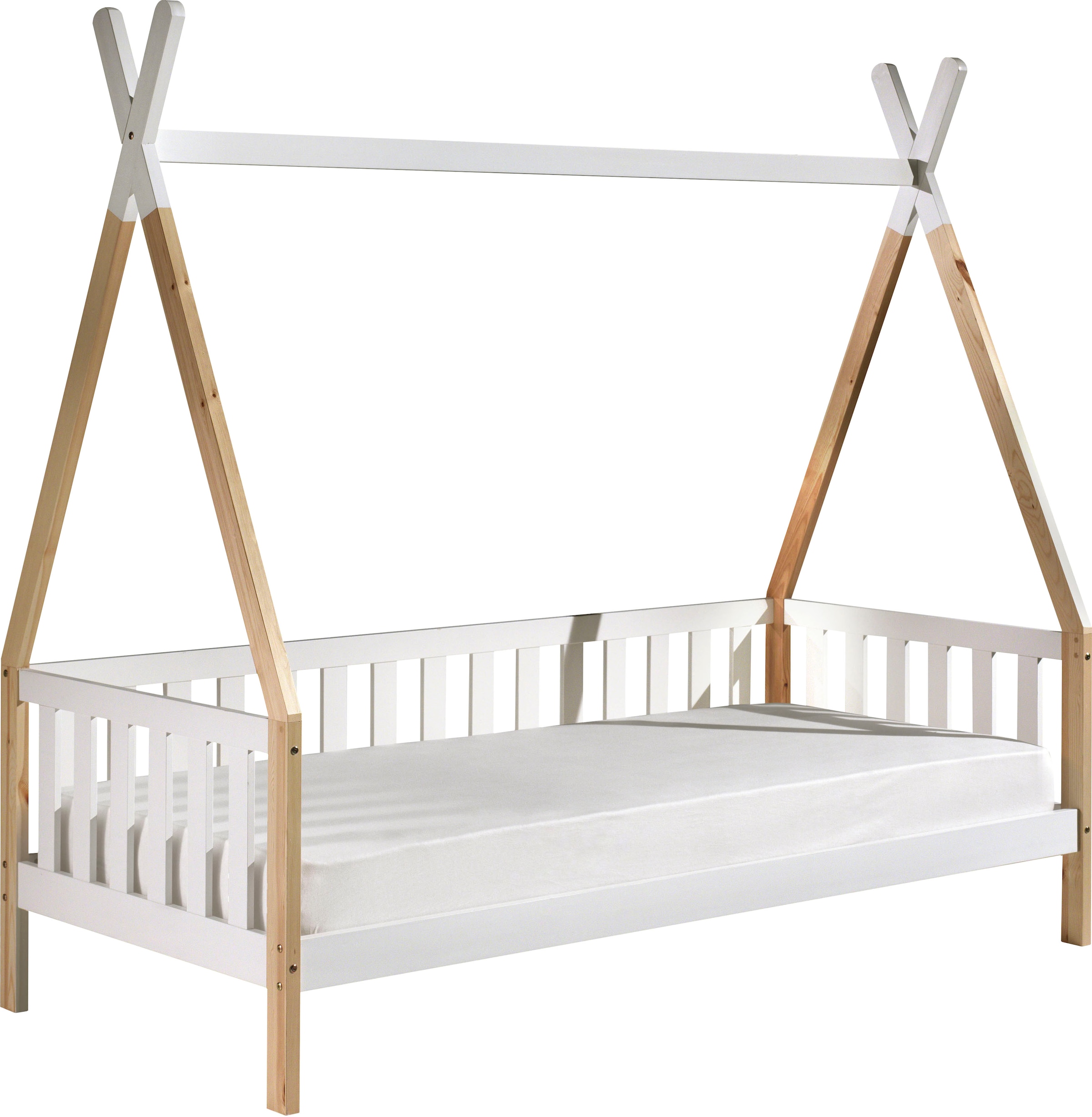 Vipack Kinderbett »Tipi, mit Querstange in Zelt-Optik, Kiefer massiv« B/H/T ca. 206x185,1x96cm, seitliche Sprossenumrandung,  inklusive Rolllattenrost und wahlweise mit Bettschublade