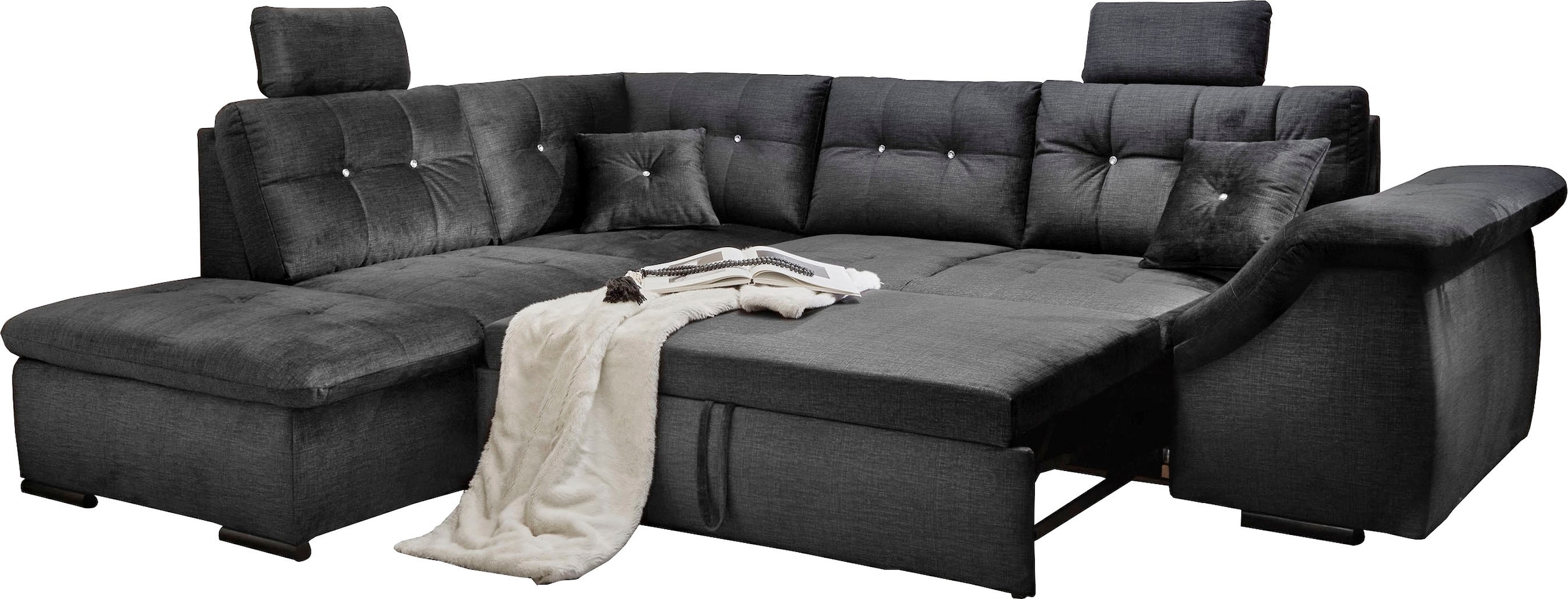 ED EXCITING DESIGN Ecksofa »Bolonia L-Form«, mit Bettfunktion, Bettkasten, Kopfstützen & 2 Zierkissen, Strasstein