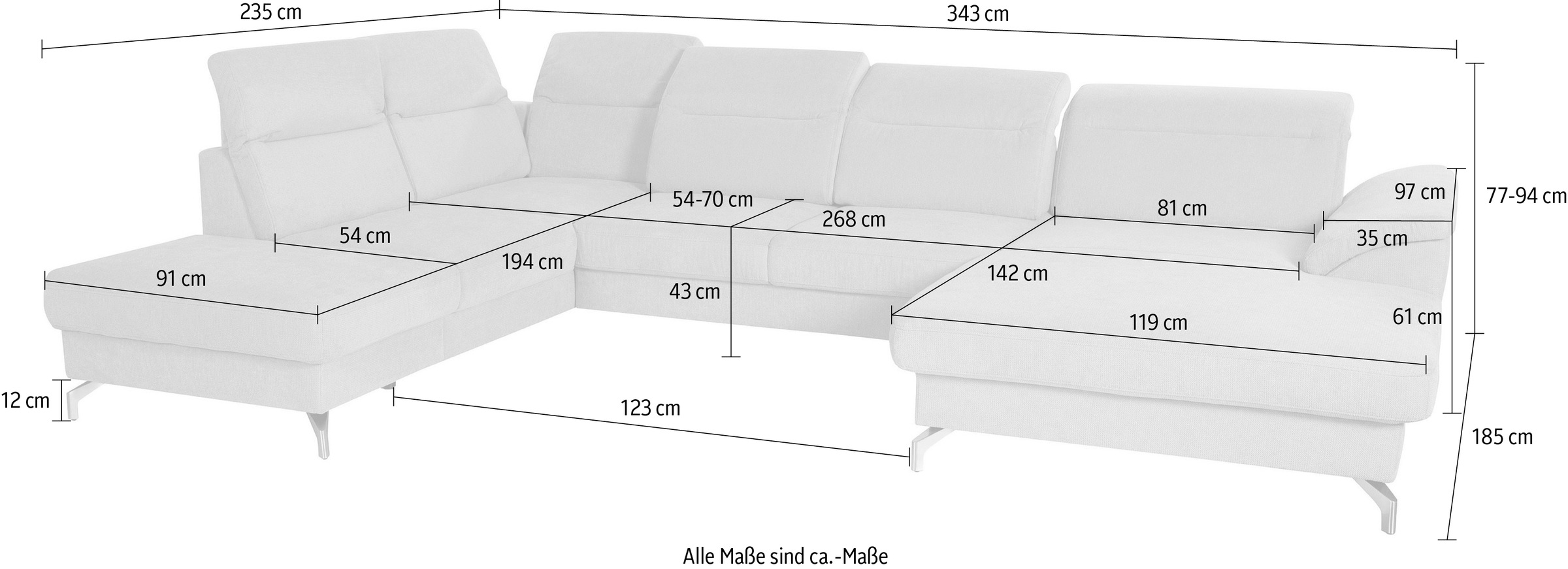 sit&more Wohnlandschaft »Percy U-Form«, 12 cm Fusshöhe, Sitztiefenverstellung, wahlweise in 2 Fussfarben