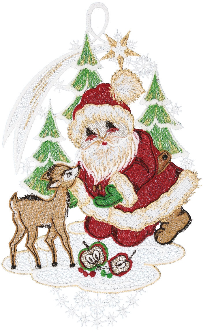 Image of W. Reuter & Sohn - Plauener Spitze Fensterbild "Weihnachtsmann mit Rehkitz" Made in Germany