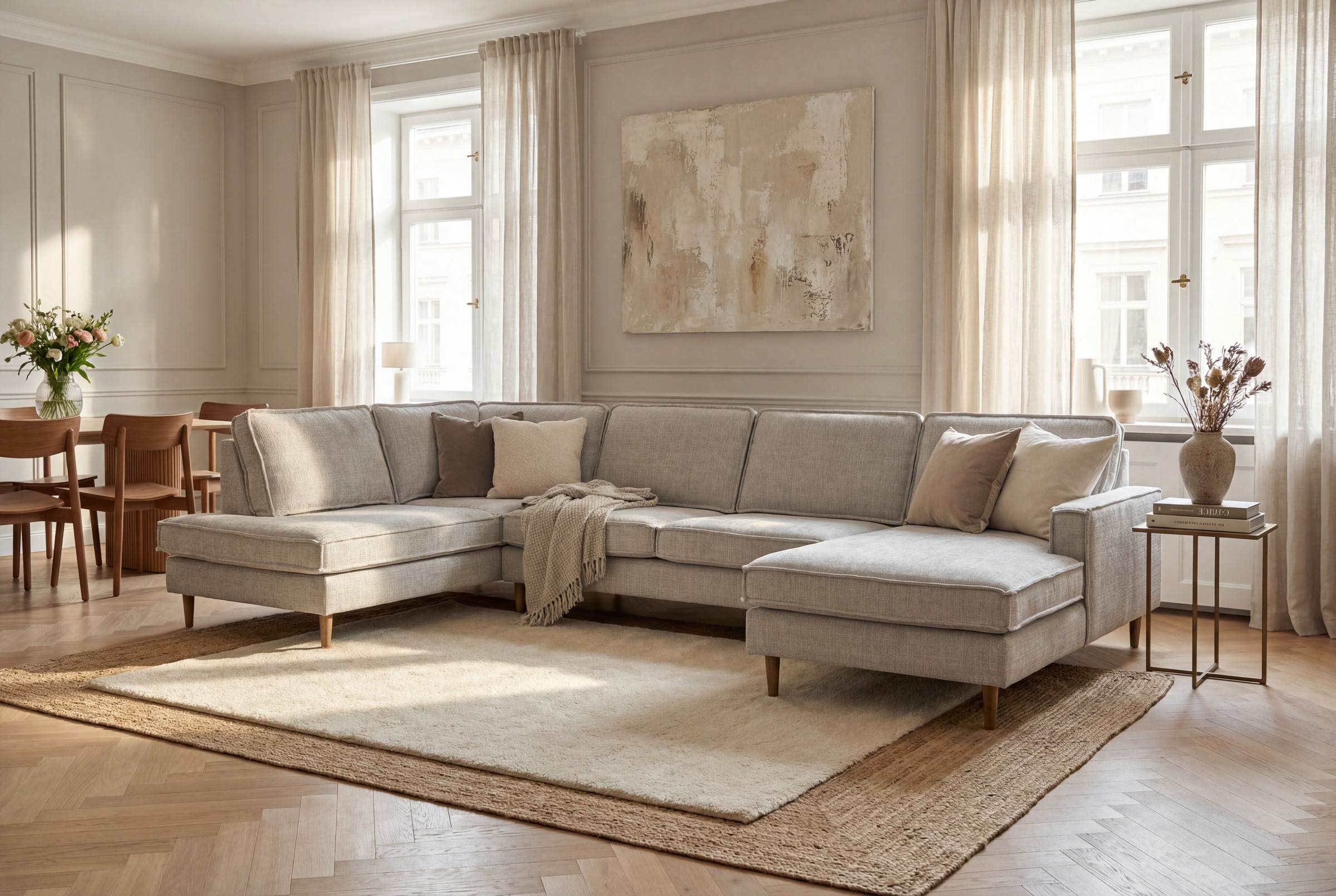 Image of GOODproduct Wohnlandschaft "Pinto Skandi, 350 cm, U-Form, XXL, mit Ottomanen" mit Keder, Massivholzfüsse Eiche geräuchert, Wellenunterfederung