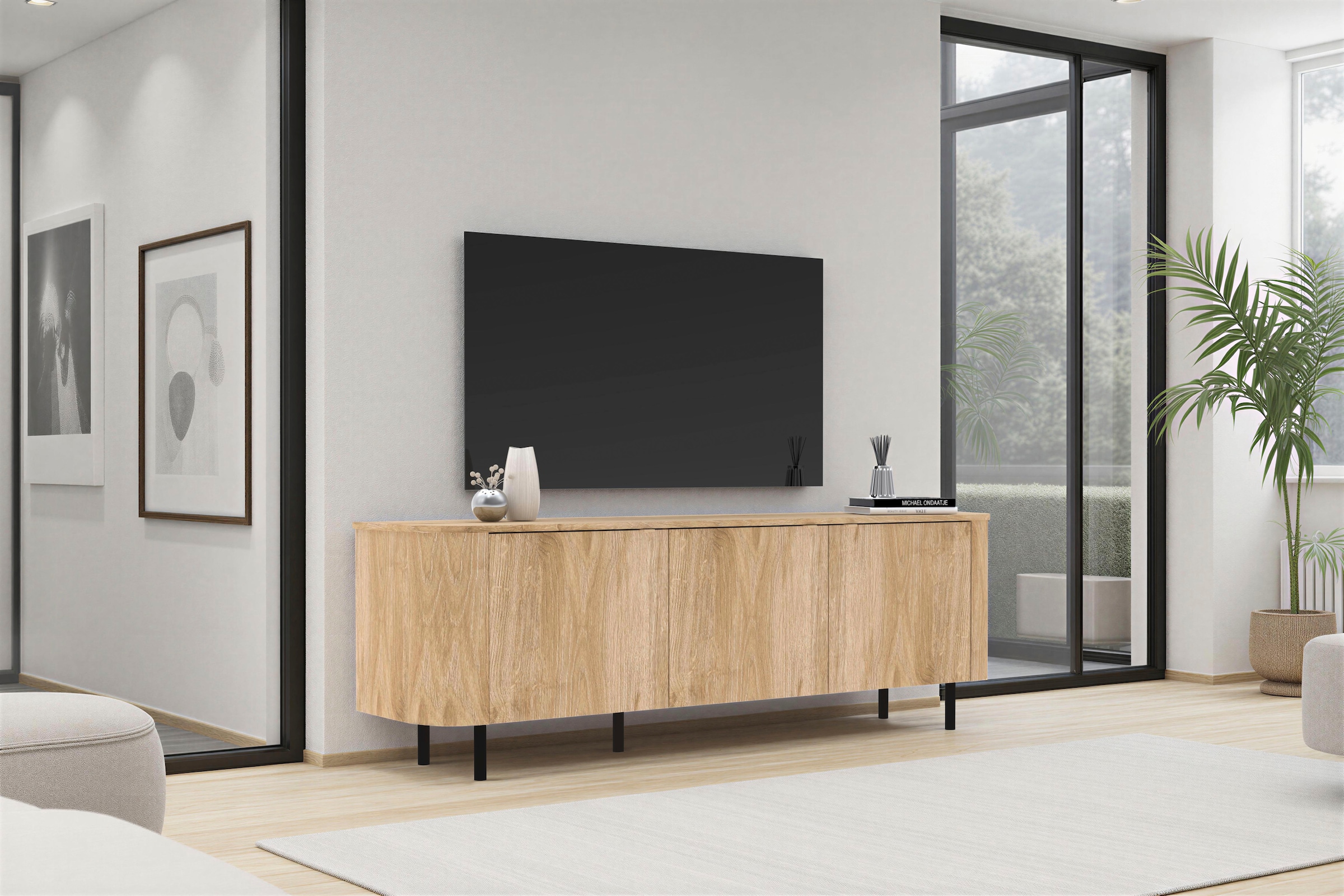 Home affaire Lowboard »Murano, 181 cm breit, 3 Türen, TV-Schrank, TV-Kommode, Medienboard« Formgebogenes MDF, Stirnseiten mit Rundung, Füsse und Griffe aus Metall