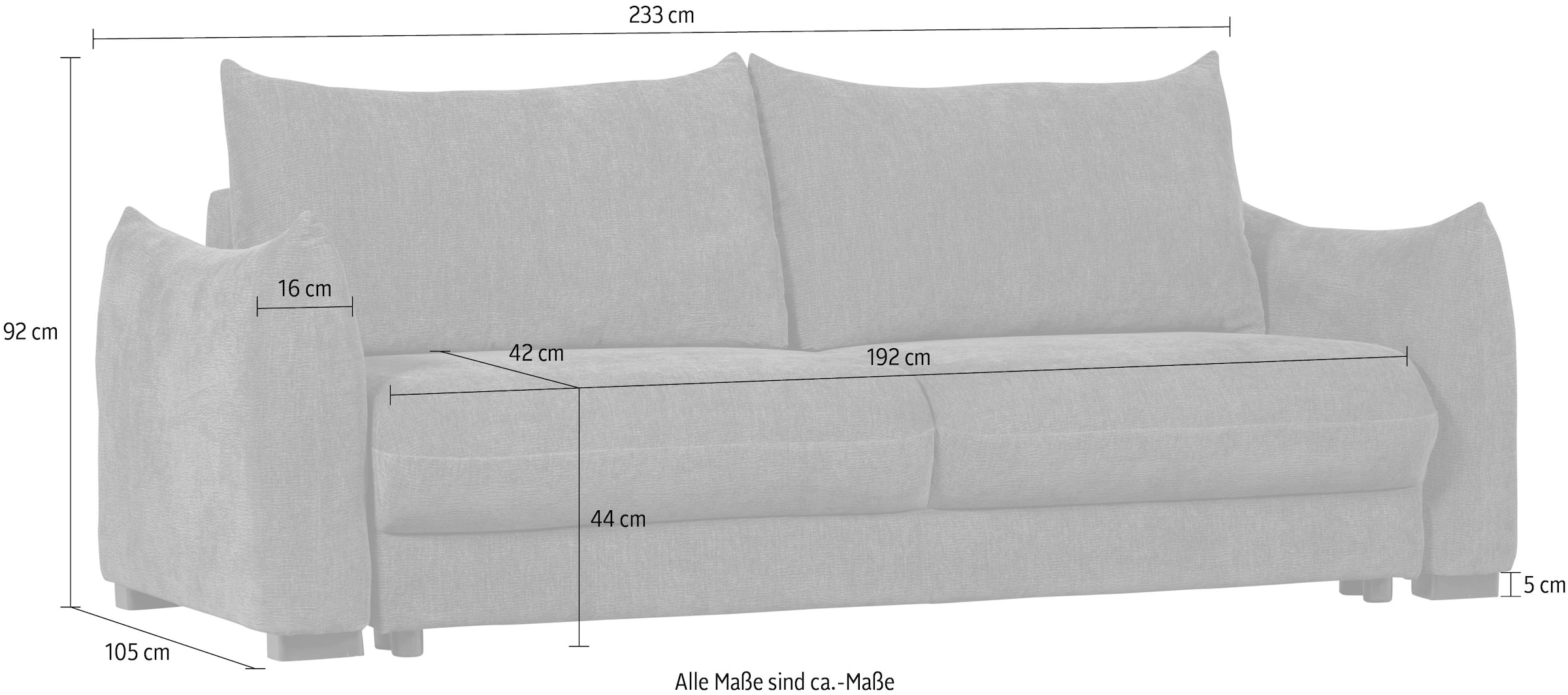 WOOOD Schlafsofa »Jonne Strukturbezug mit Schlaffunktion, H 92 x B 233 x T 105 cm« Tragkraft 220 kg, Sitzbreite 192 cm, Geringe Verschleissfestigkeit