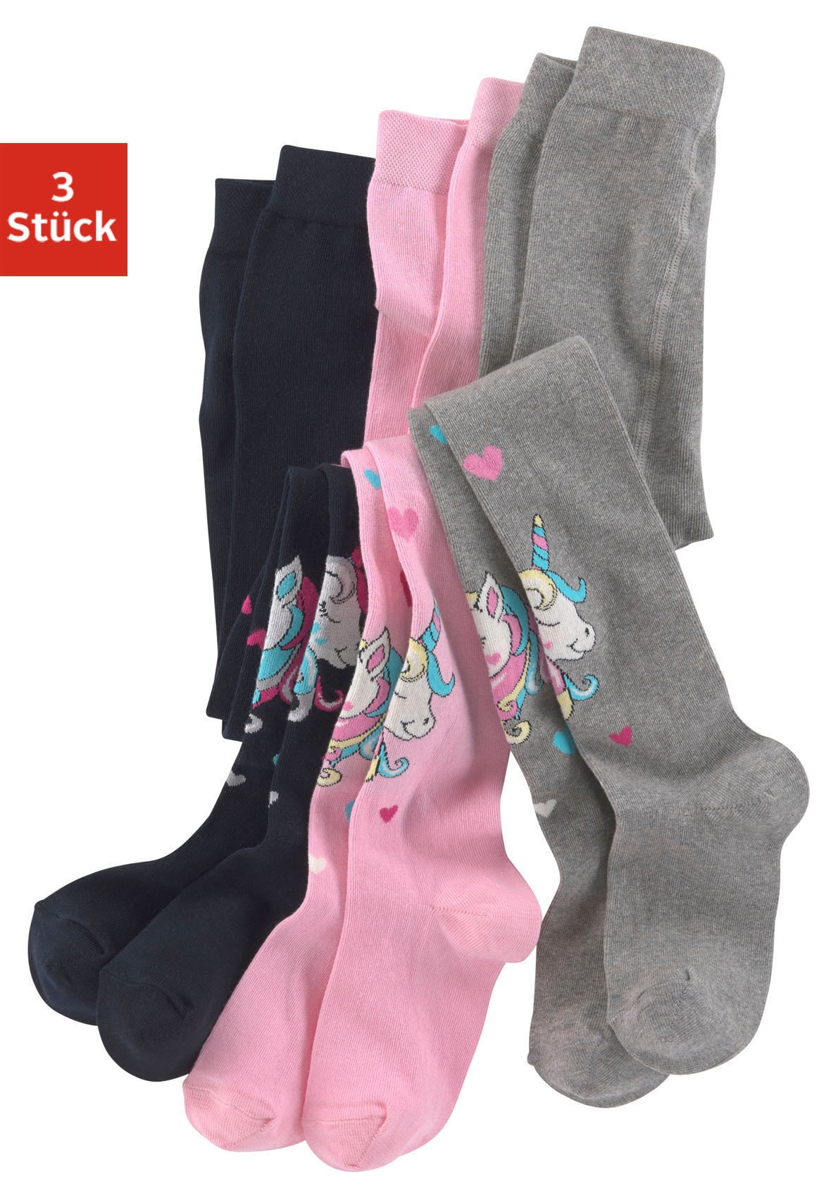 Image of H.I.S Strickstrumpfhose Packung, 3 Stk. tlg. mit eingestrickten Einhorn Motiven