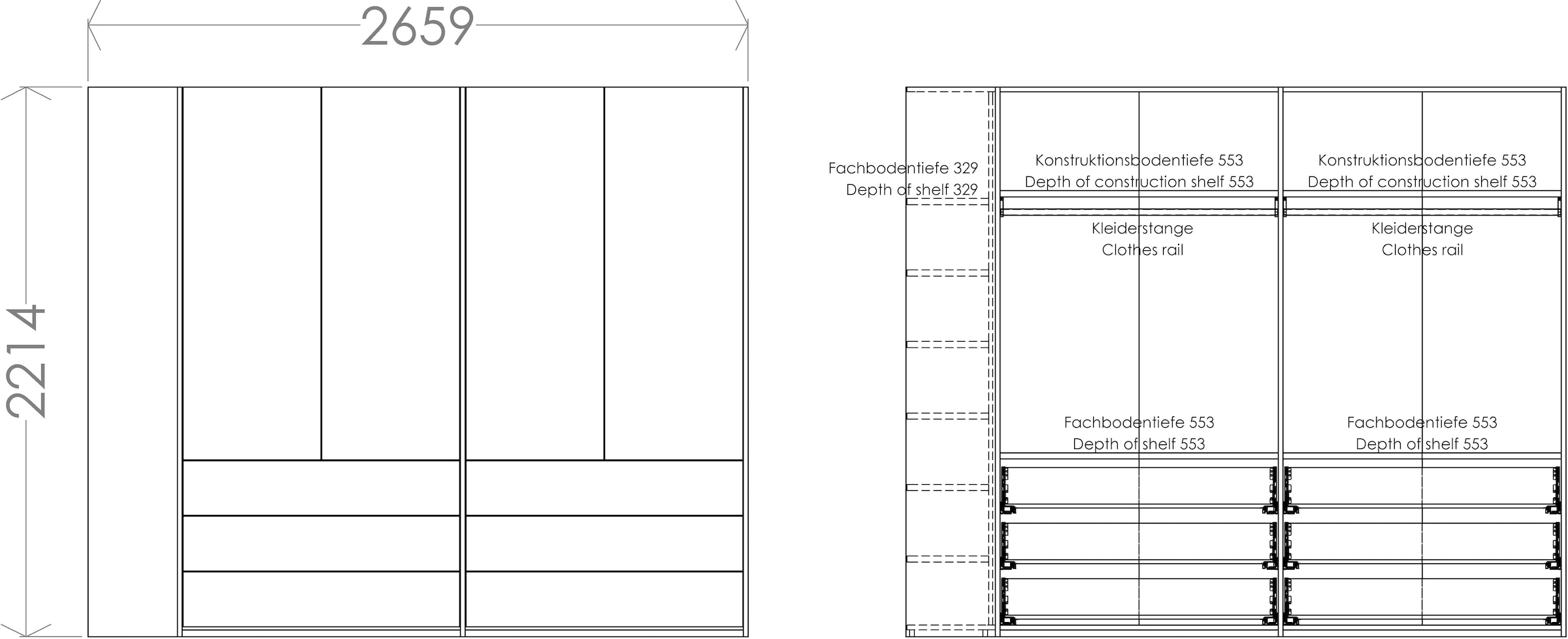 Müller SMALL LIVING Kleiderschrank »Modular Plus Variante 4«, 6 Schubladen, Anbauregal wahlweise links oder rechts montierbar