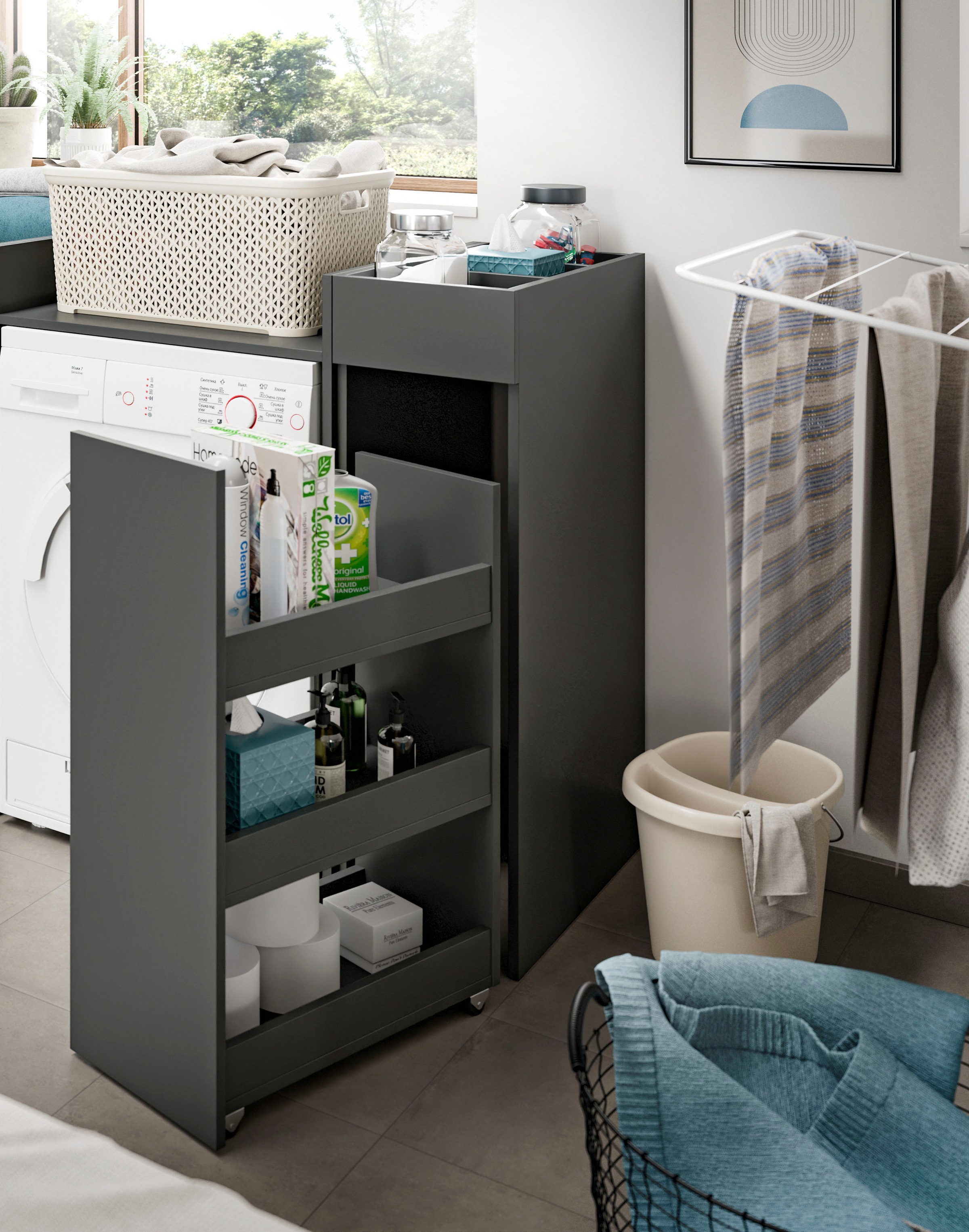 welltime Ensemble de meubles de salle de bain »FALAS,  3-teilig, Hauswirtschaftsraum Set, Breite 124 cm« Ensemble, composé de : meuble d’encastrement lave-linge et 2 étagères, 3 cuis tlg.