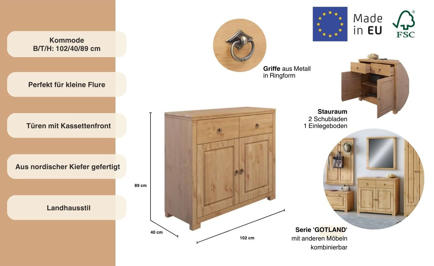 Home affaire Kommode »Gotland«, aus massiver Kiefer, mit 2 Schubladen, FSC®, Breite 102 cm