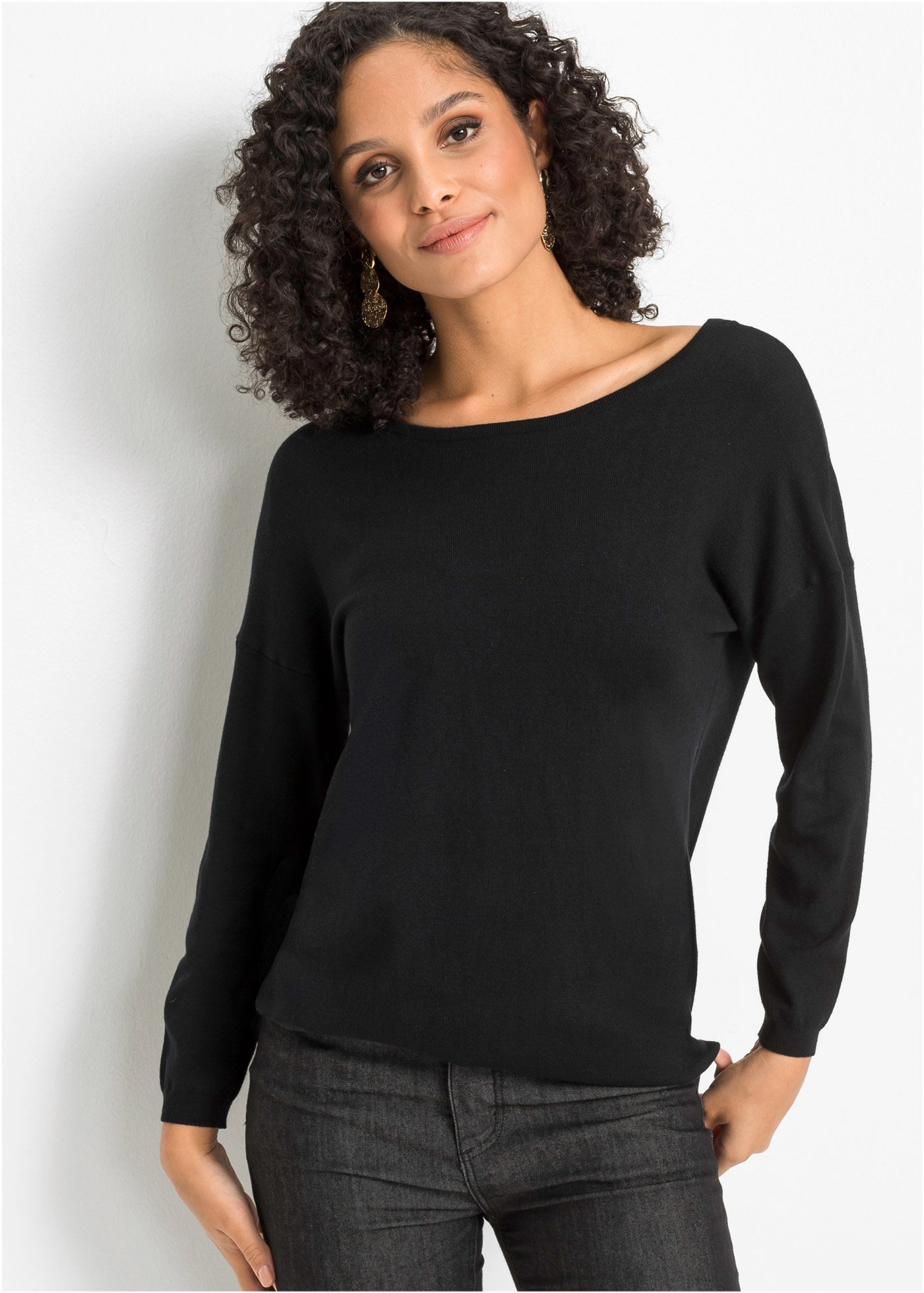 Image of bonprix Strickpullover Viskose-Feinstrick, abgerundeter Saum, Schnürung im Rücken