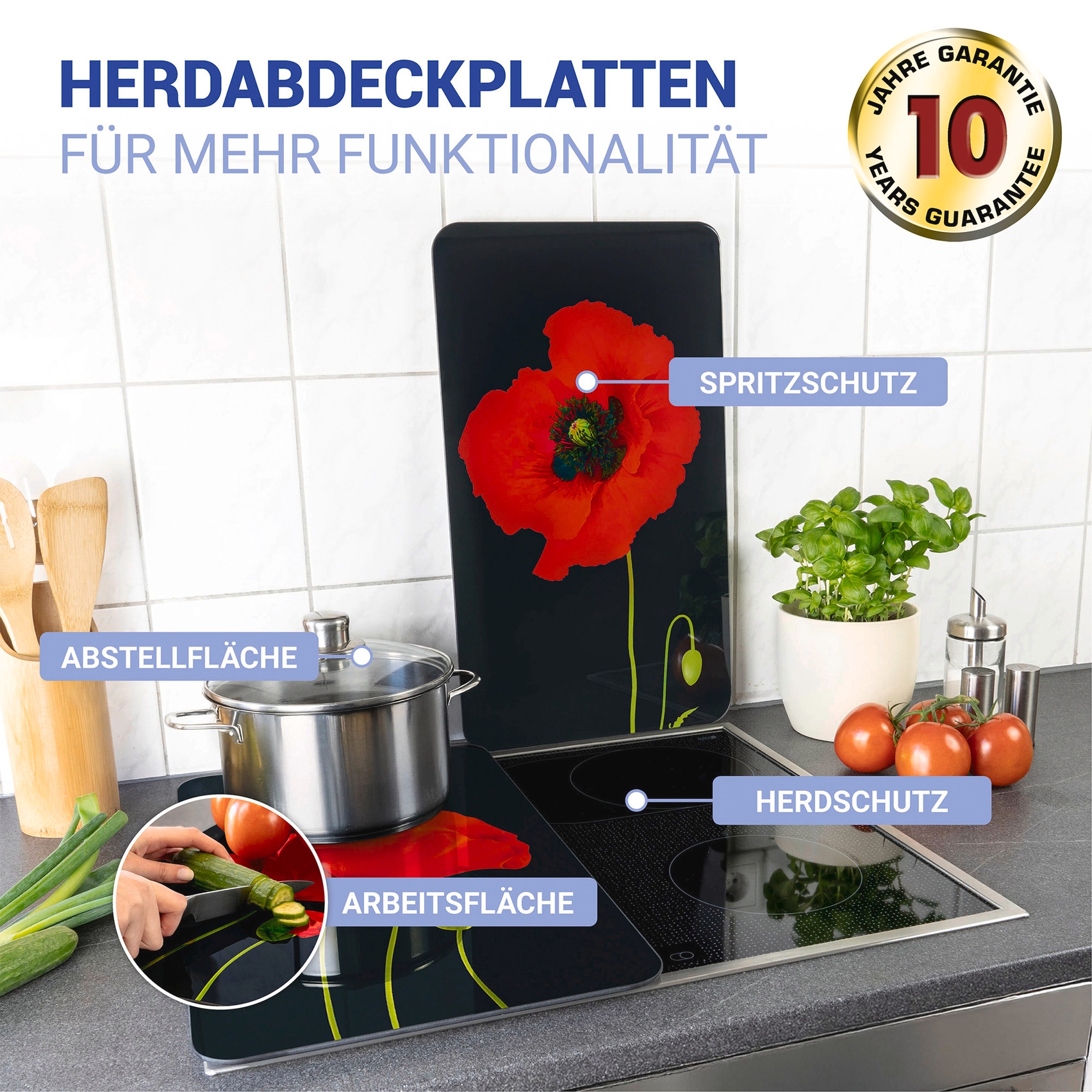 WENKO Herd-Abdeckplatte »Universal Modell Mohn«, (Set, 2 tlg.), Herdabdeckung für alle Herdarten, kratzfest, mit rutschfesten Füssen
