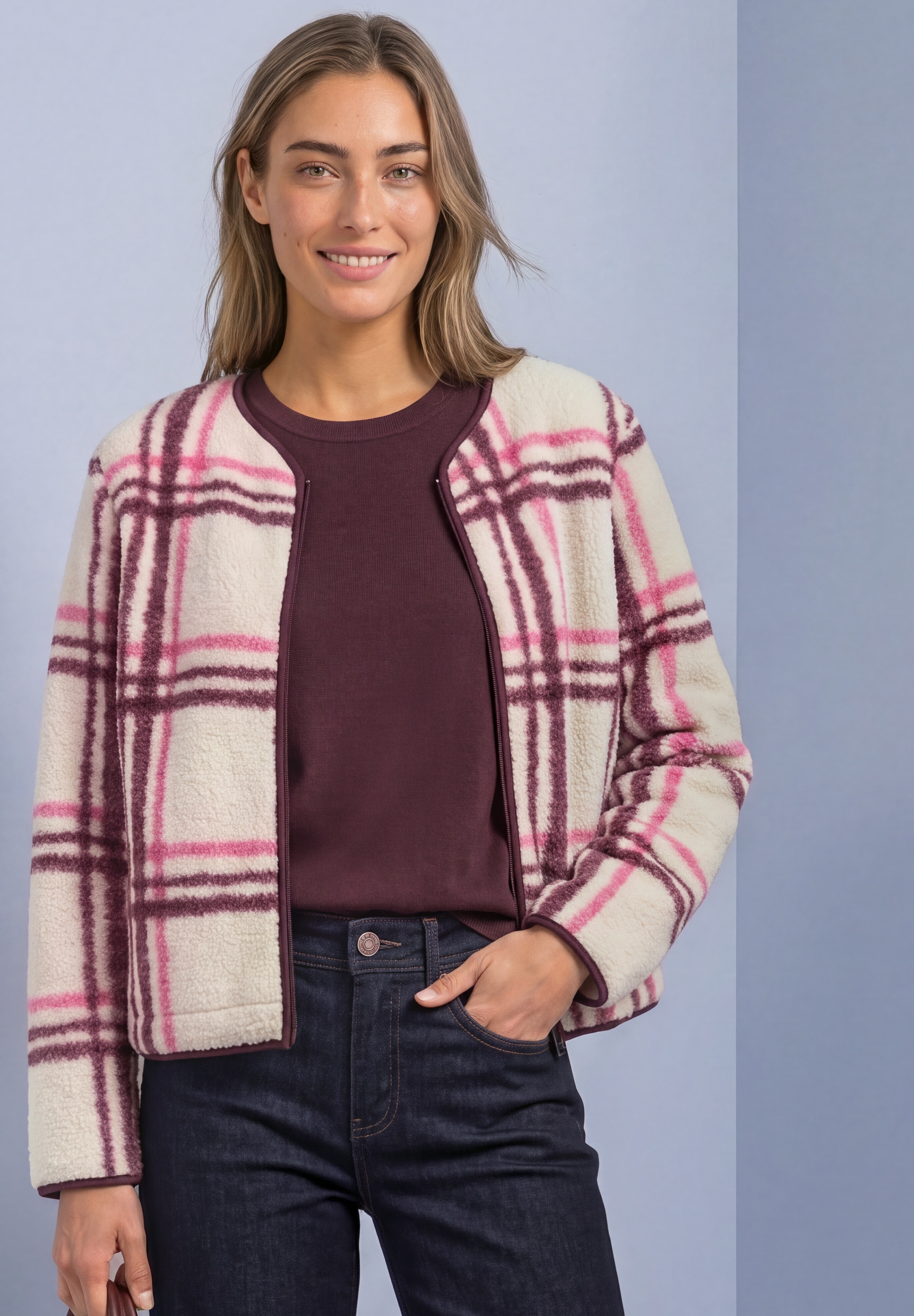 Image of STREET ONE Oversize-Shirt Teddy-Jacke mit Rundhals und Karomuster