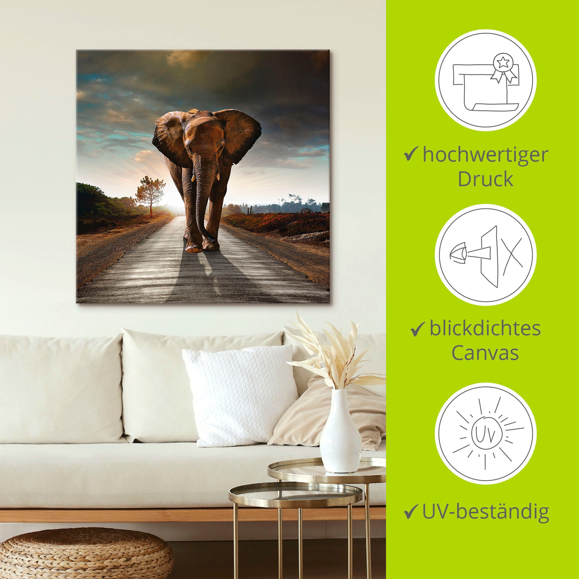 Image of Artland Leinwandbild "Ein Elefant läuft auf der Strasse" Wildtiere 1 Stk. tlg. auf Holzrahmen gespannt