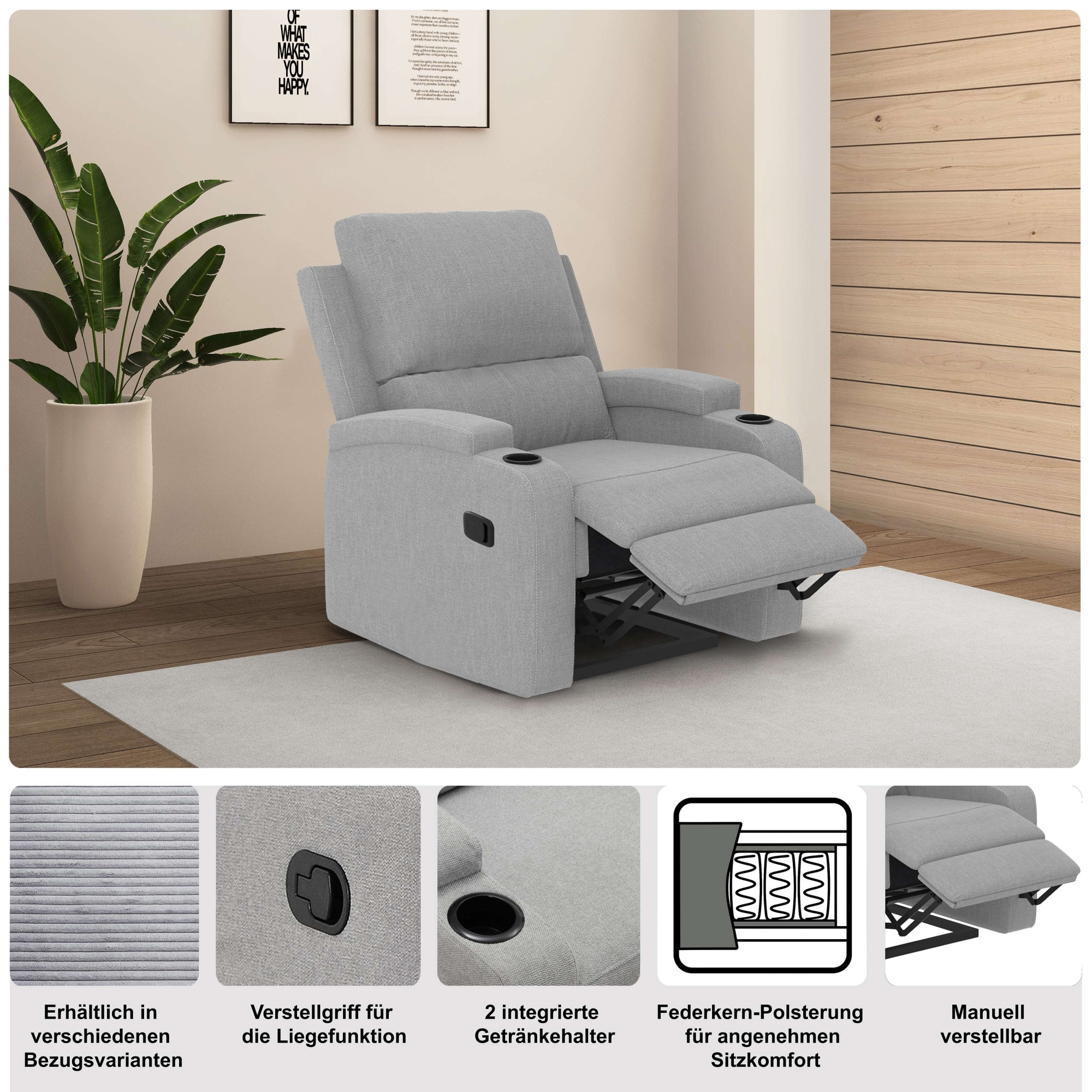 GOODproduct Fauteuil de relaxation »NAPORI Cord, Kinosessel, Multimedia-Sessel« Fauteuil TV avec fonction relaxation manuelle et électrique et porte-boisson