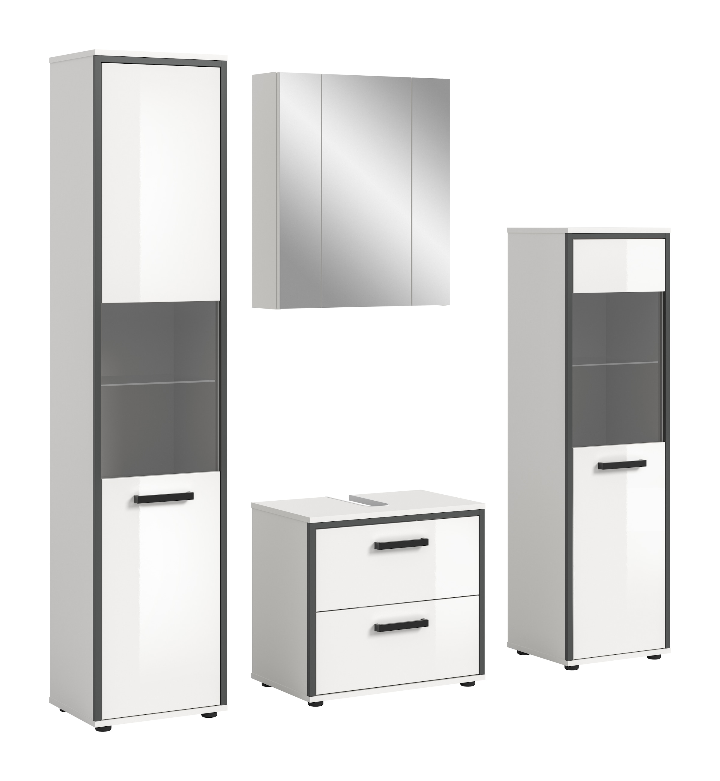 Image of welltime Badmöbel-Set "KAJO, 4-tlg. Badkombination, weiss hochglanz" Set, Set, best. aus:1Hochschrank,1Spiegelschrank,1WBU,1Midischrank, 4 Stk. tlg.
