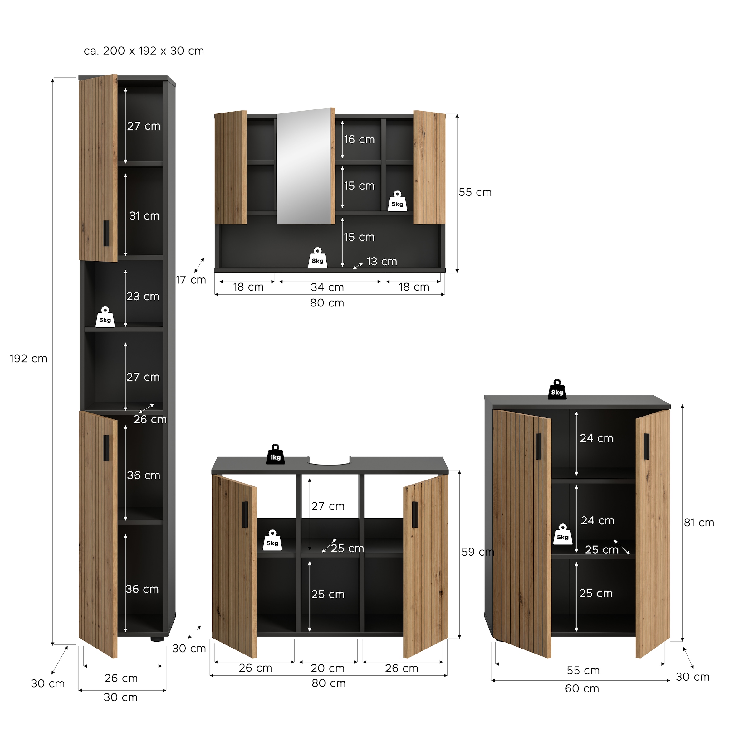 welltime Badmöbel-Set »MANI, 4-tlg. Badkombination, Paneeloptik« Set, Set, best. aus: 1Badschrank,1WBU,1Spiegelschrank,1Badschrank, 4 Stk. tlg.