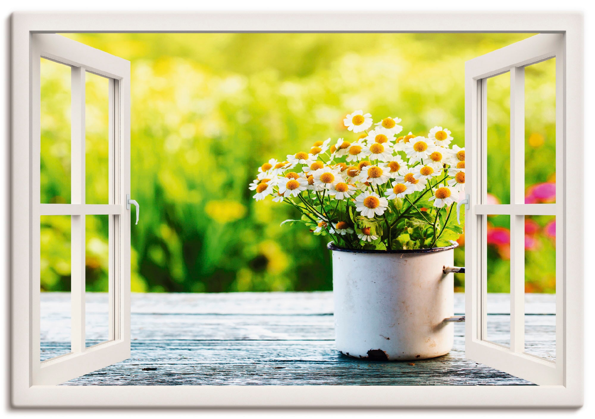 Image of Artland Leinwandbild "Fensterblick Garten mit Gänseblümchen" Blumen 1 Stk. tlg. auf Holzrahmen gespannt