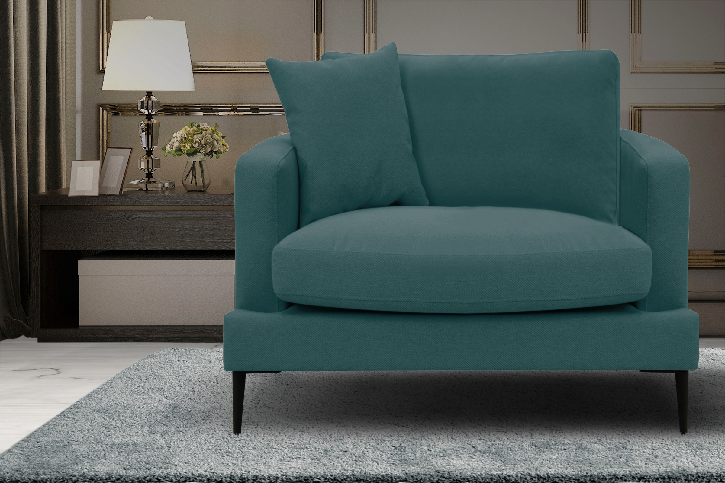 Leonique Sessel »Cozy Loungesessel, Designersessel, Masse B/T/H: 91/97/80 cm«, mit Metallbeinen und Zierkissen