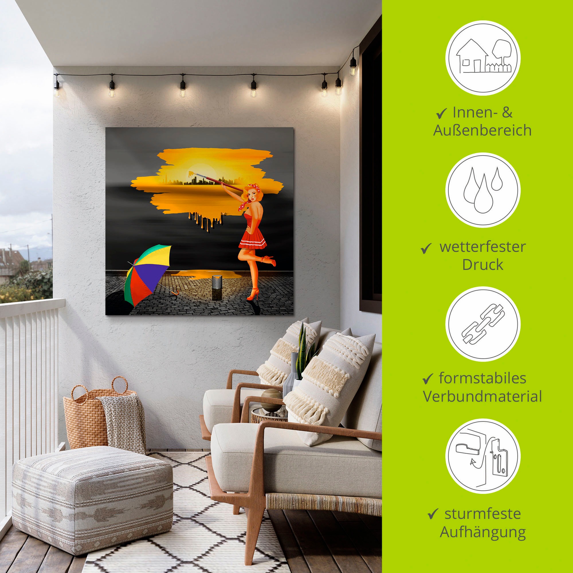 Artland Alu-Dibond-Druck »Ein Künstler malt sein Leben bunt«, Frau, (1 St.), für Innen- und Aussenbereich geeignet, Outdoorbild