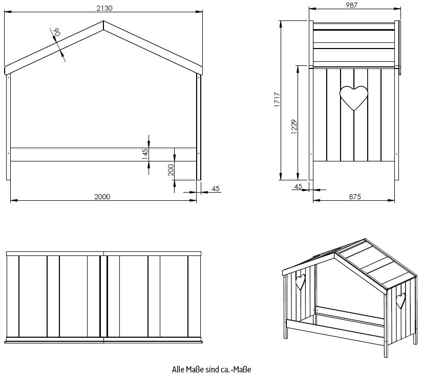 Vipack Hausbett »Amori, inkl. Dach, Rückseitig offen, mit Rolllattenrost« B/H/T ca. 213x171,7x98,7cm, verspielte Herz-Ausschnitte seitlich,  Liegefläche 90 x 200 cm, ein Highlight im Kinderzimmer, weiss lackiert