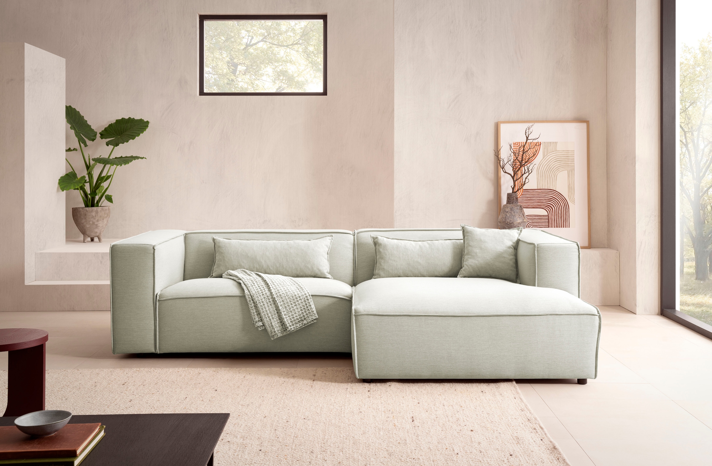 LeGer Home by Lena Gercke Ecksofa »PIARA mit Kedernaht in Cord oder Leinenoptik, moderne Couch in L-Form«, wahlweise Ottomane rechts/links, schwarze Füsse, bequemer Sitzkomfort